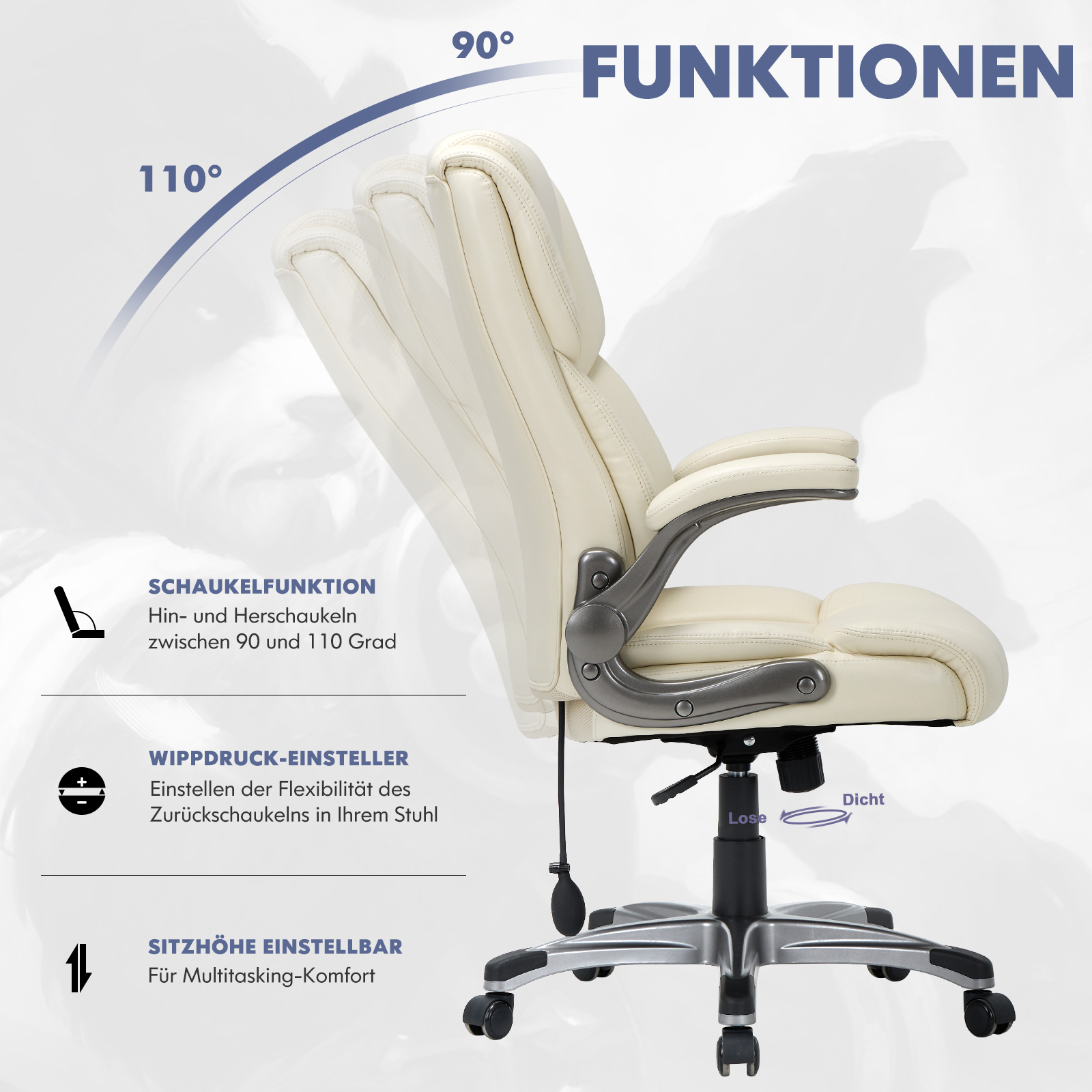 Una silla de oficina color crema con respaldo, reposabrazos y altura del asiento ajustables.