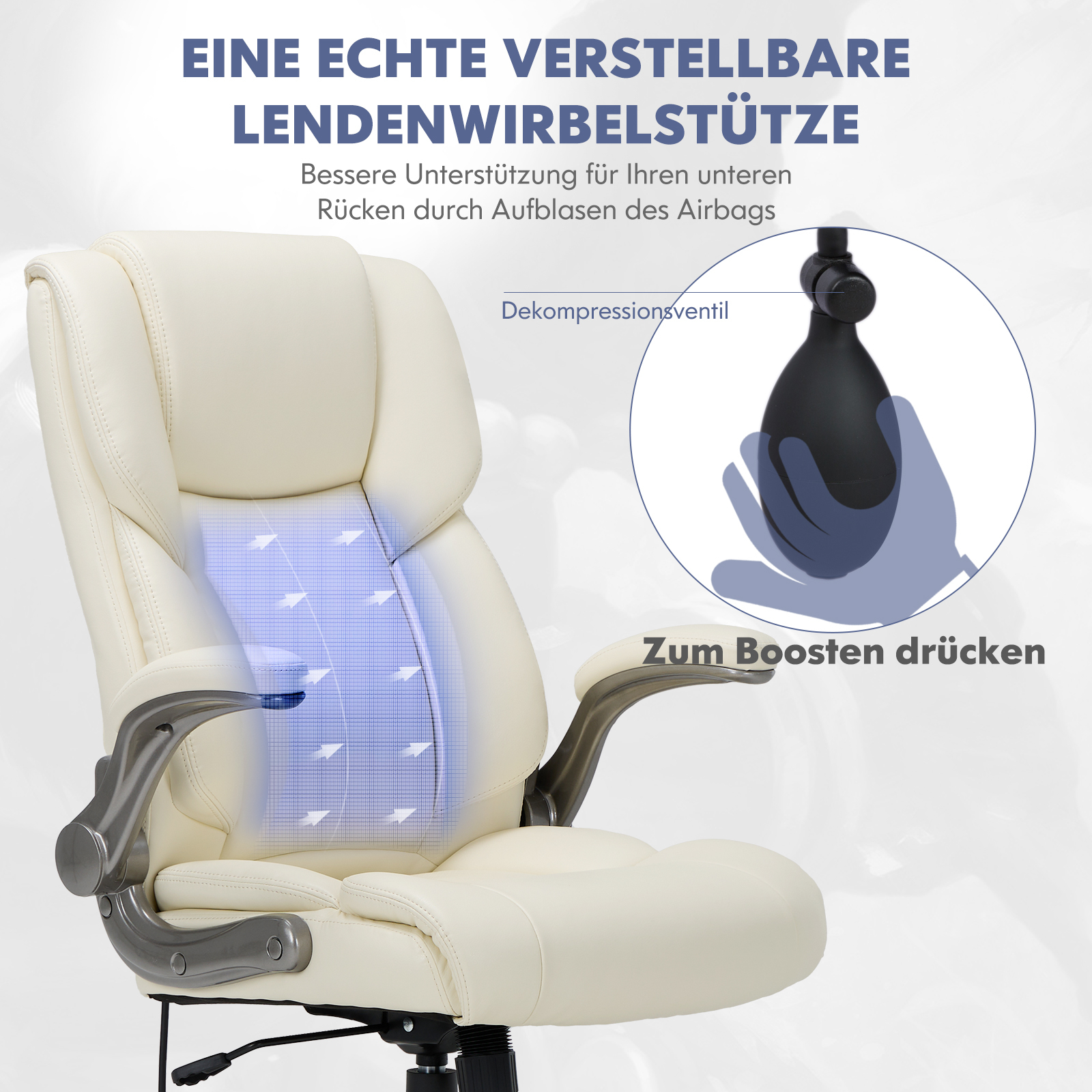 Silla de oficina beige con soporte lumbar inflable y bomba de aire.
