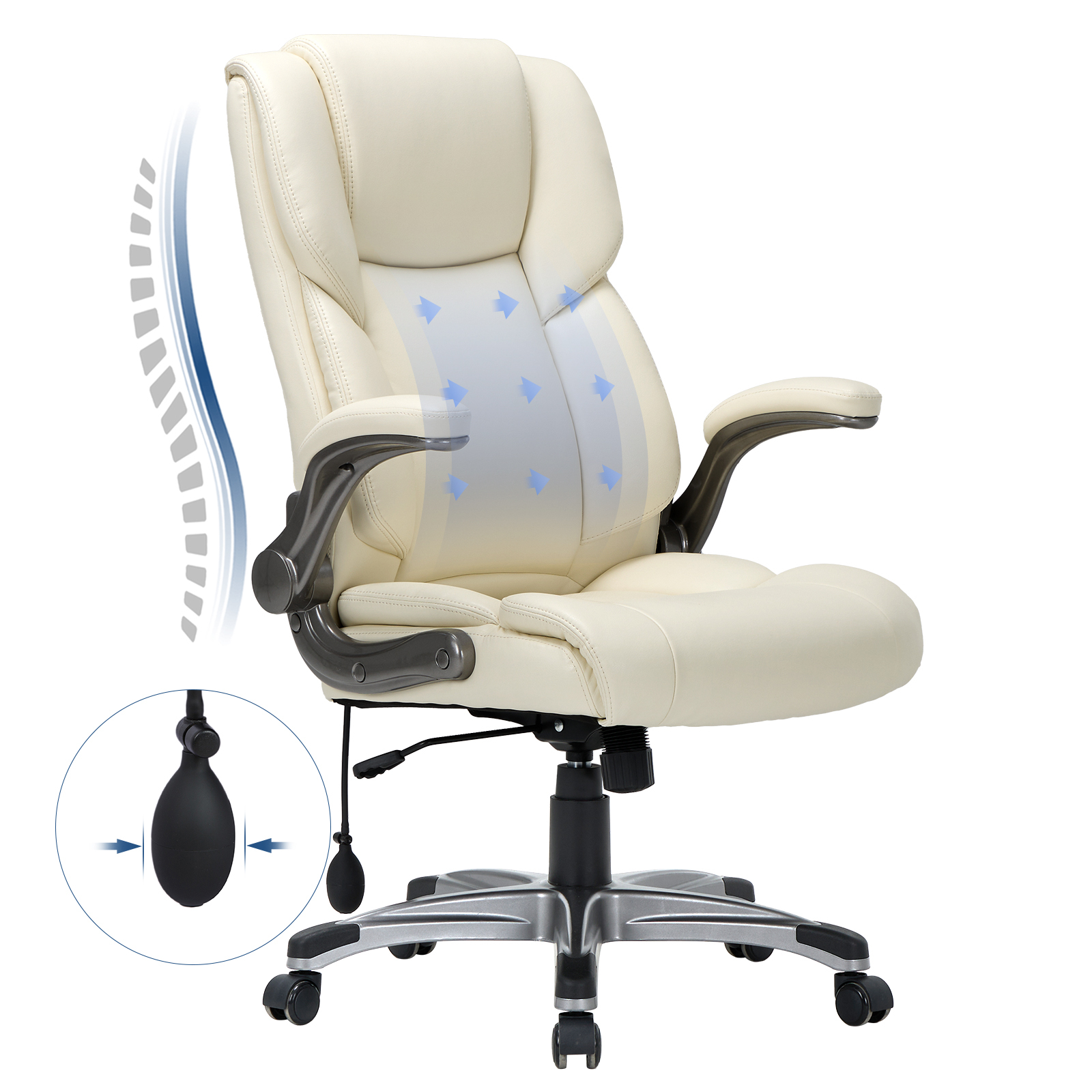 Silla ejecutiva color crema con diagrama de soporte lumbar y bomba de aire.