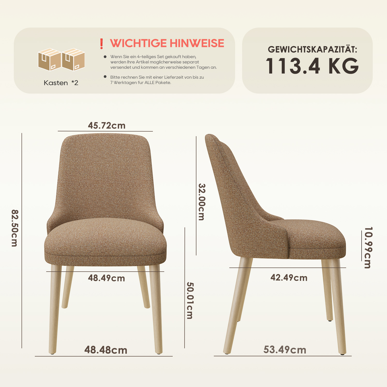 Ein brauner Stoffstuhl mit Maßen: 82,5x45,7x48,5cm. Gewichtskapazität 113,4kg.