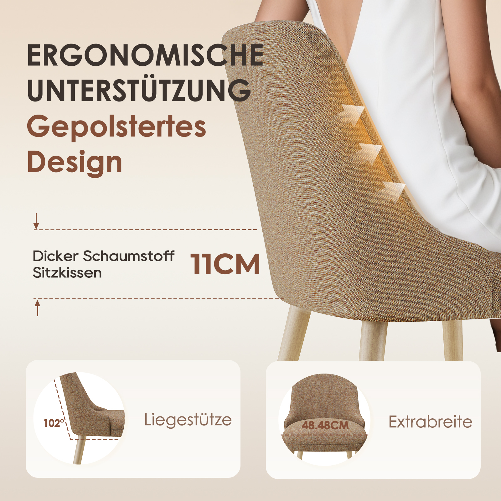 Ein beige Stuhl mit ergonomischer Rückenlehne und dicker Sitzfläche.
