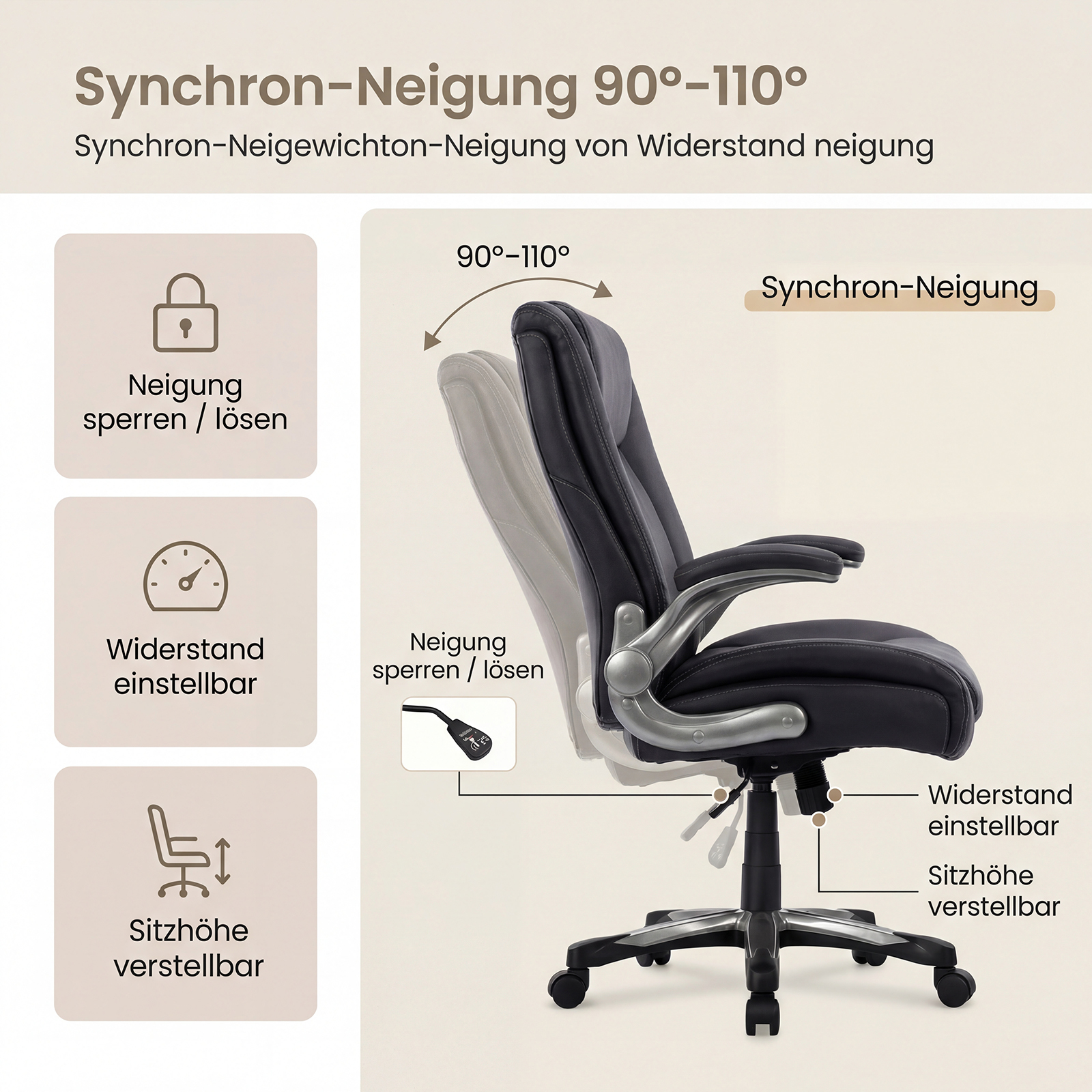 Una silla de oficina con función de inclinación síncrona, 90-110 grados. Altura, resistencia e inclinación ajustables.