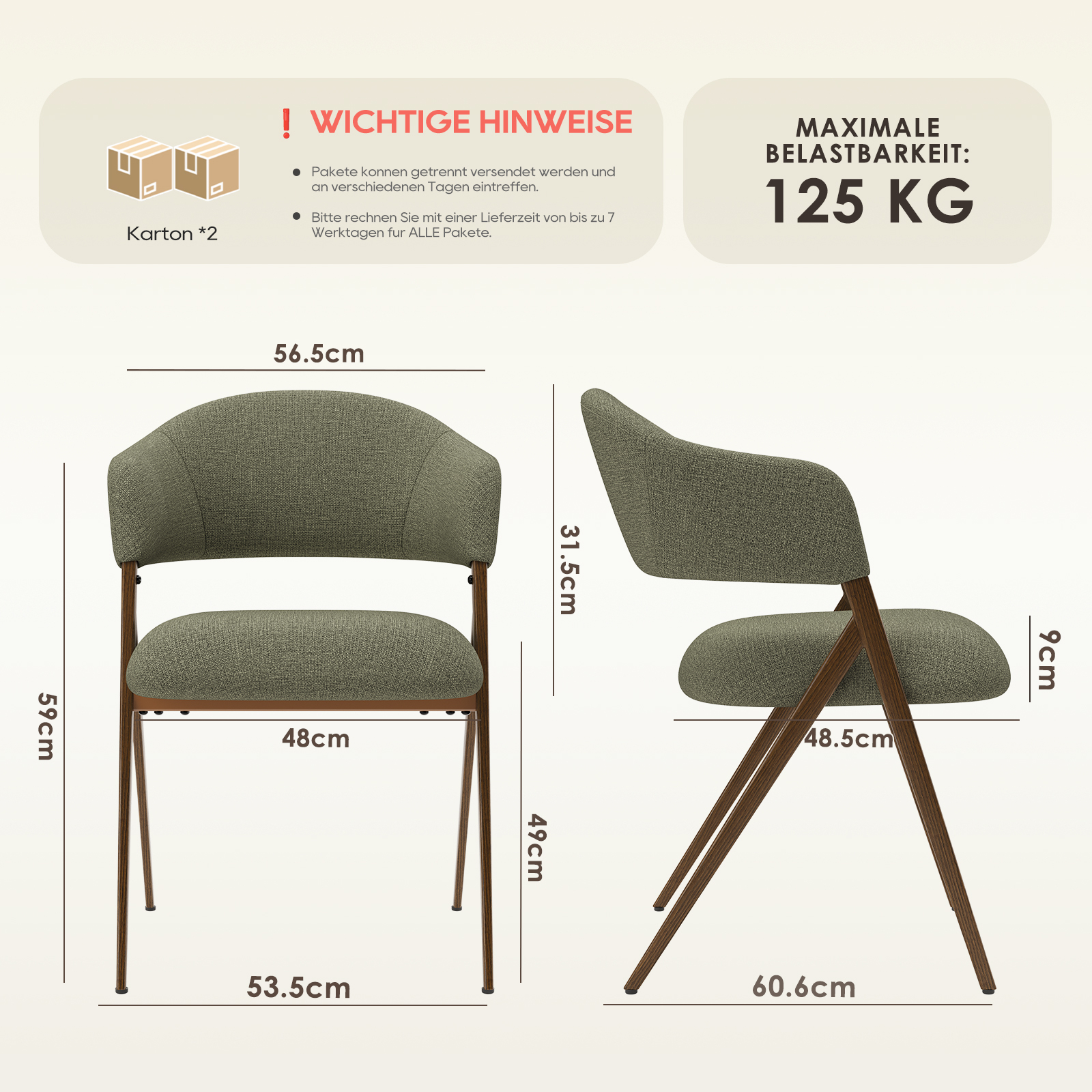 Sedia verde con dimensioni: Larghezza 56.5cm, Altezza 59cm, Profondità 48.5cm.