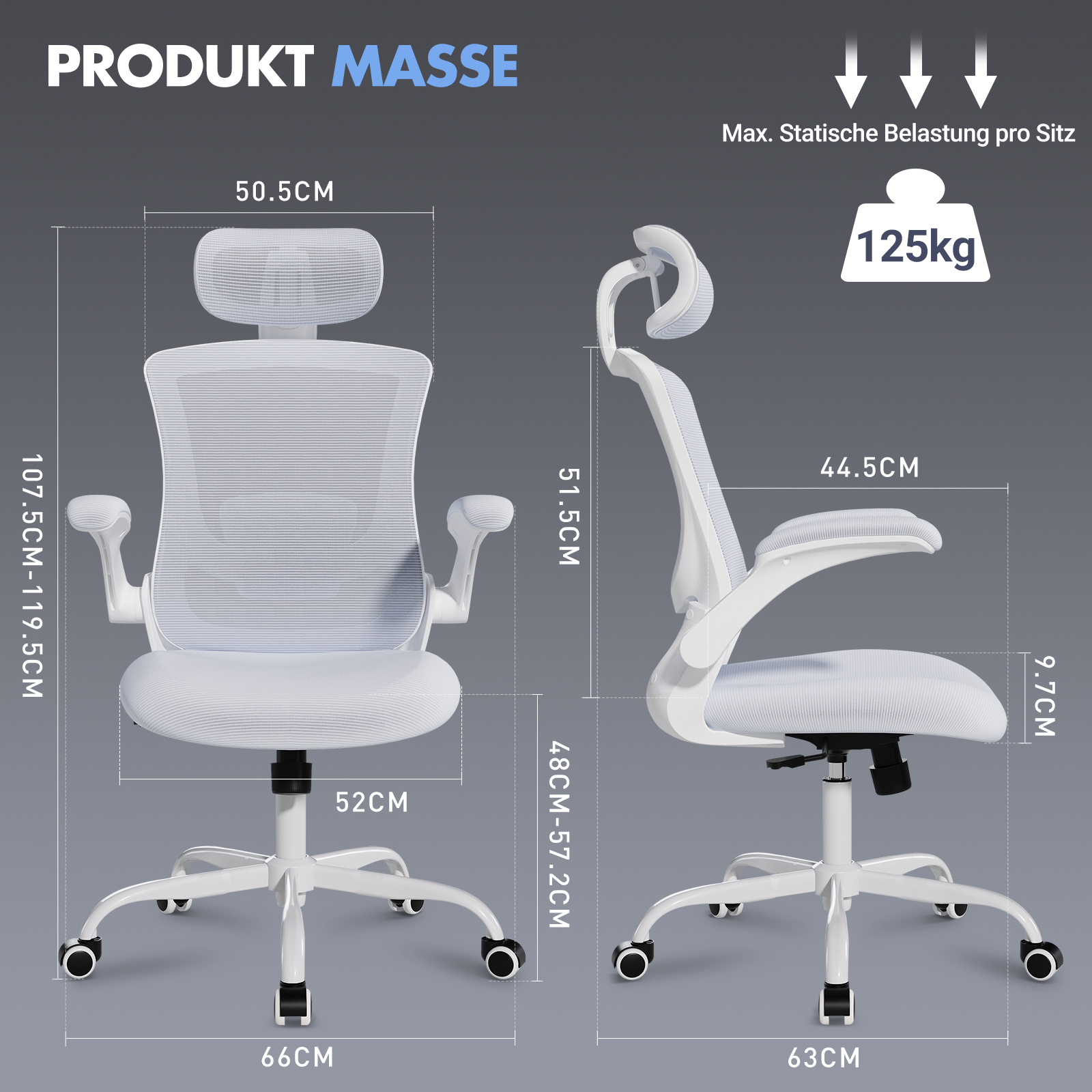 Dimensiones silla oficina blanca: Ancho 50,5cm, Alto 107,5-119,5cm, Profundidad 66cm.