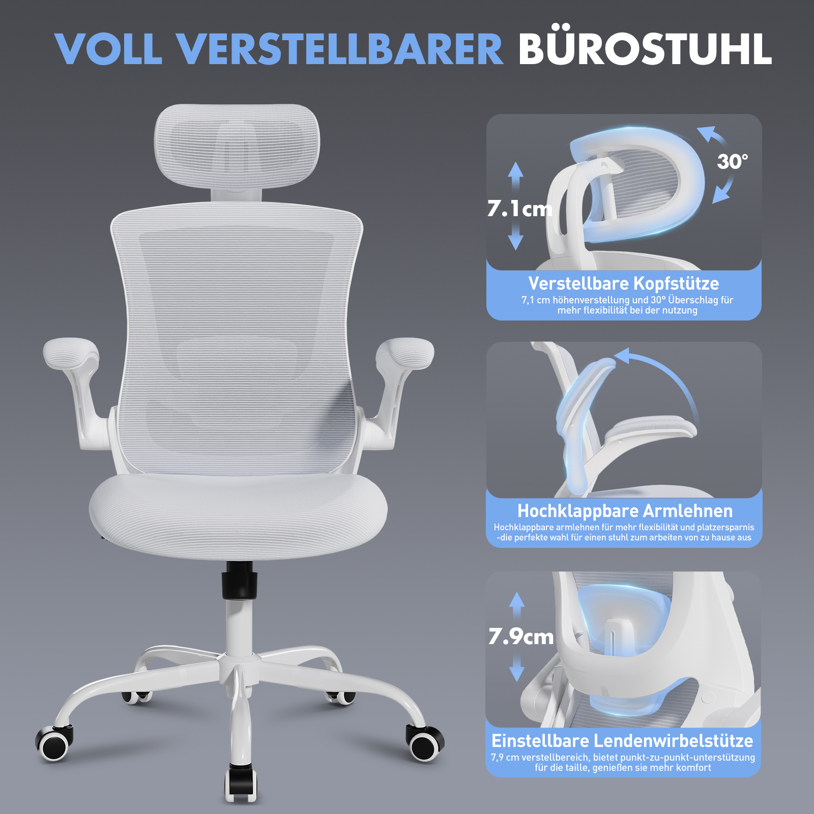 Una silla de oficina blanca con reposacabezas, reposabrazos y soporte lumbar ajustables.