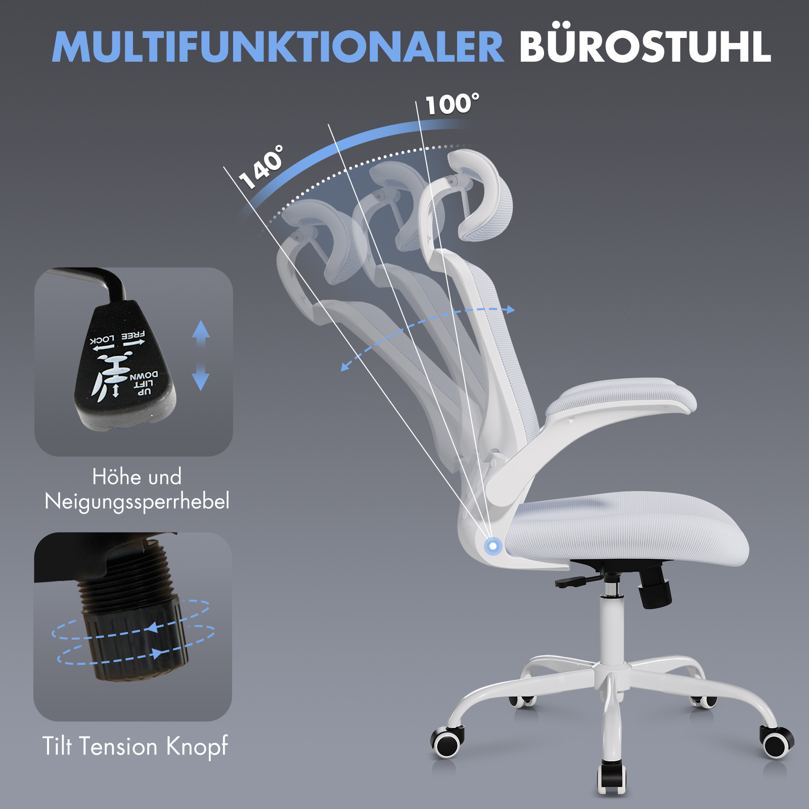 Una silla de oficina blanca con respaldo ajustable de 100° a 140°.