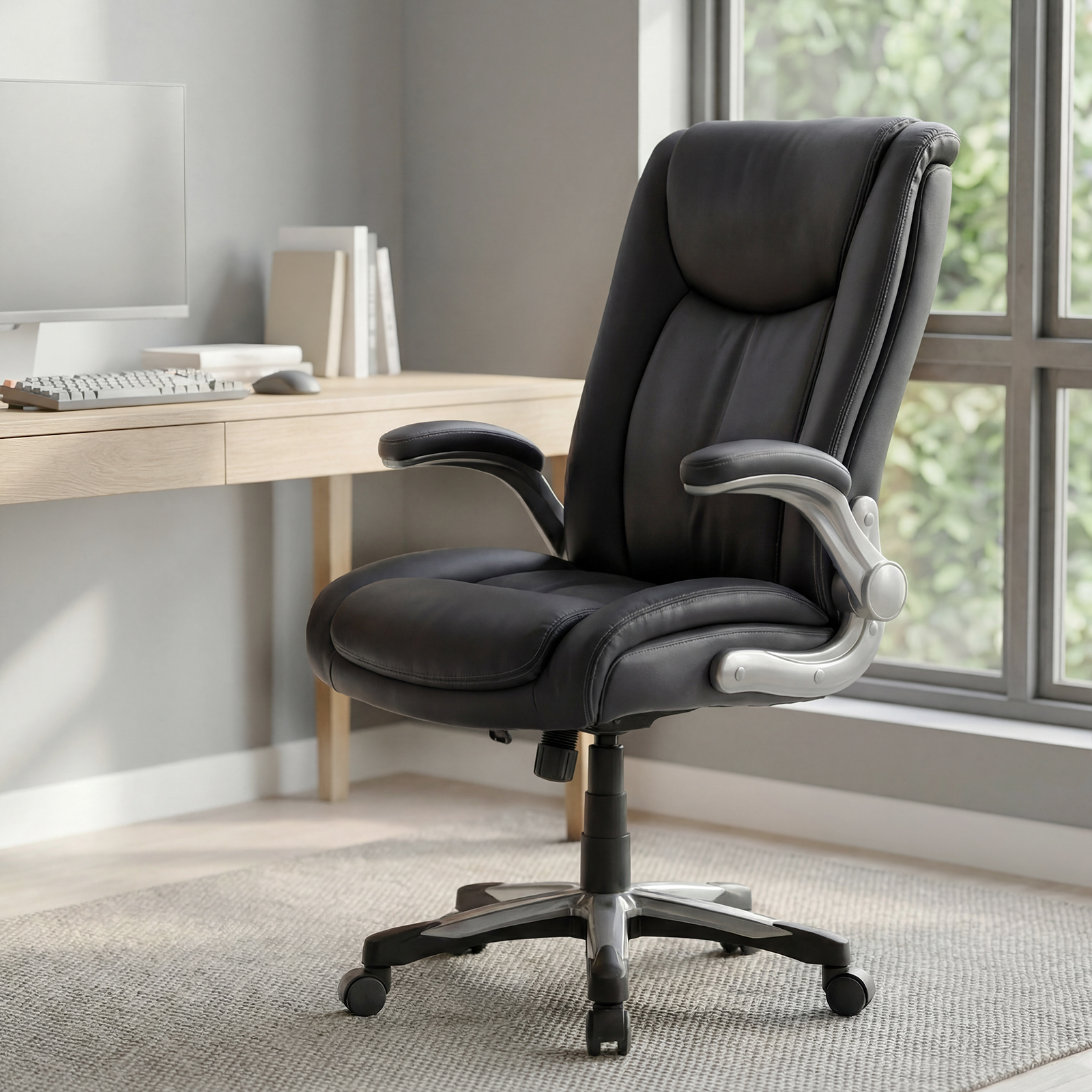 Silla de oficina negra con detalles cromados junto a un escritorio con ordenador.