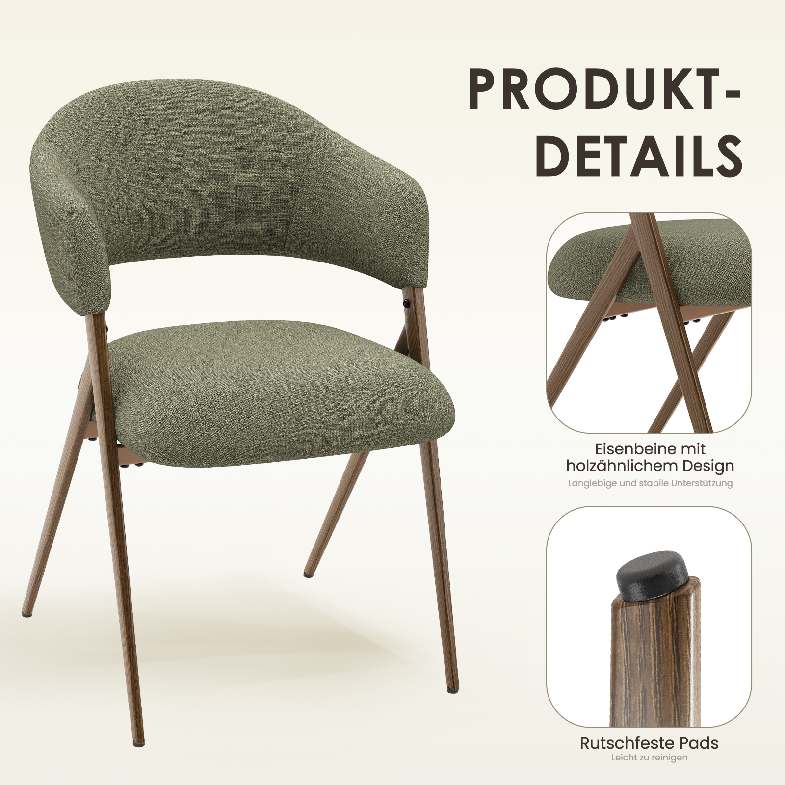 Sedia in tessuto verde con gambe in ferro effetto legno e piedini antiscivolo.