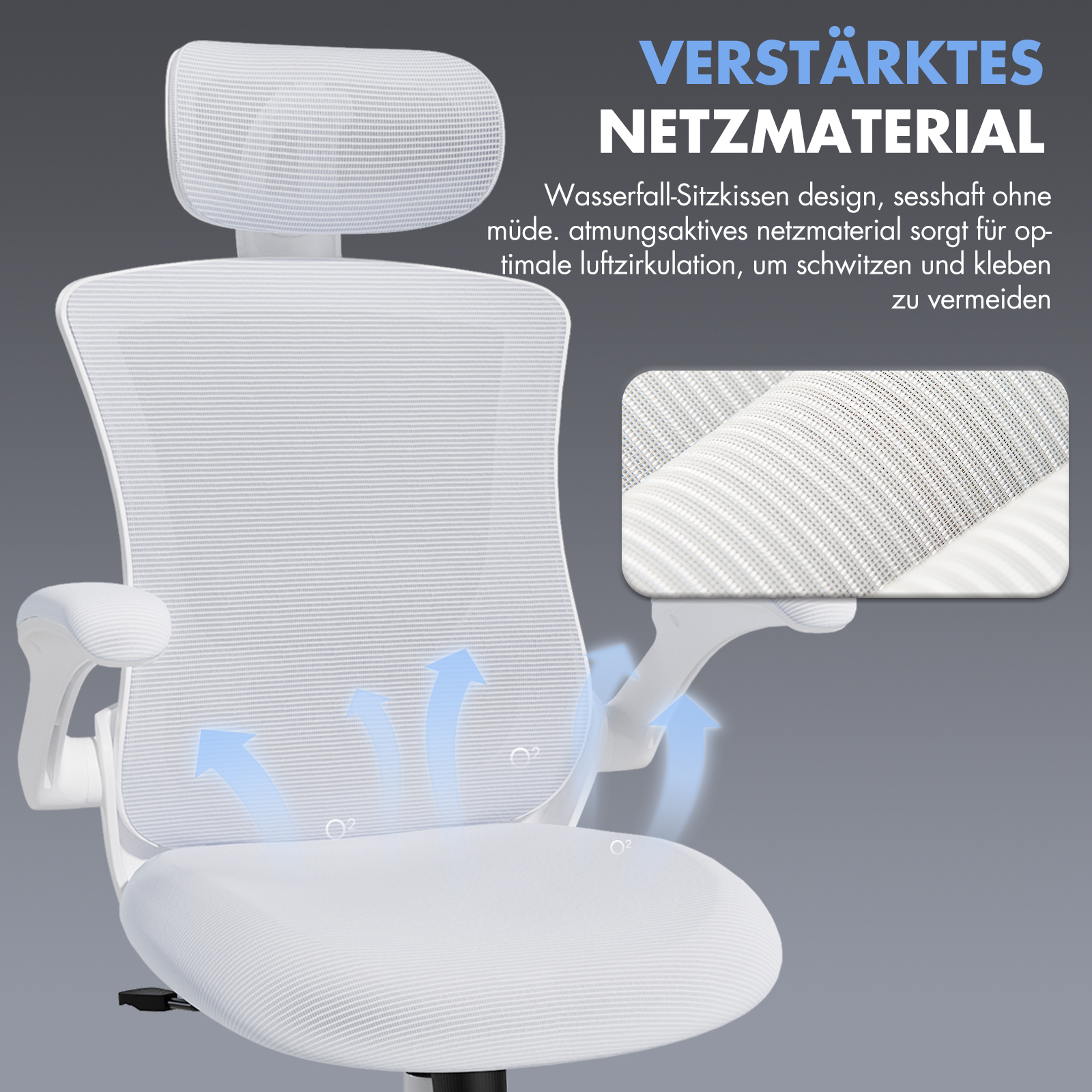 Una silla de oficina blanca con material de malla reforzado y flechas azules que indican circulación de aire.
