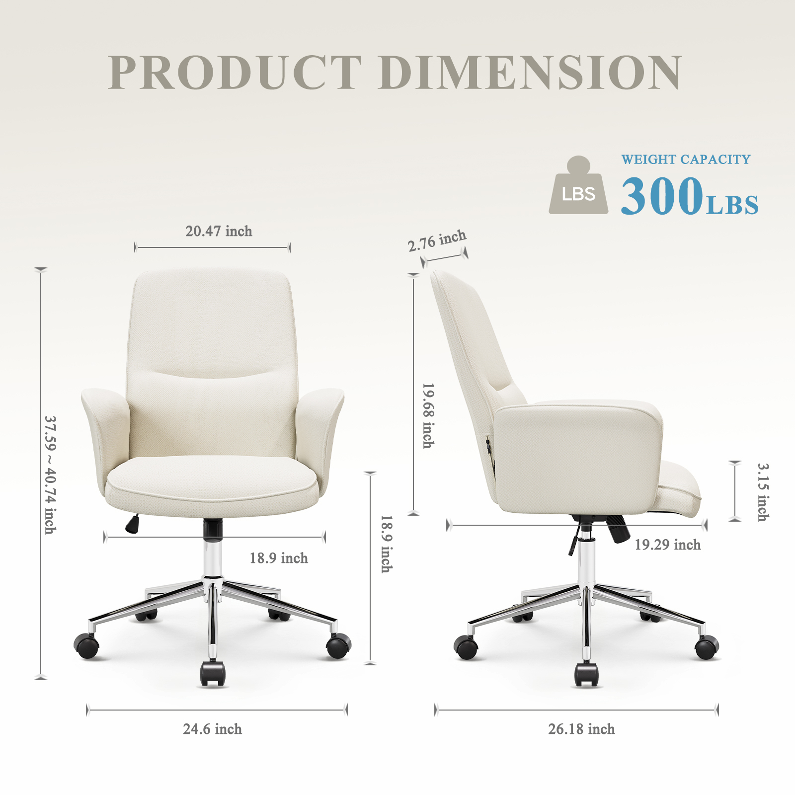 Una silla de oficina color crema con dimensiones y capacidad de 300 LBS.
