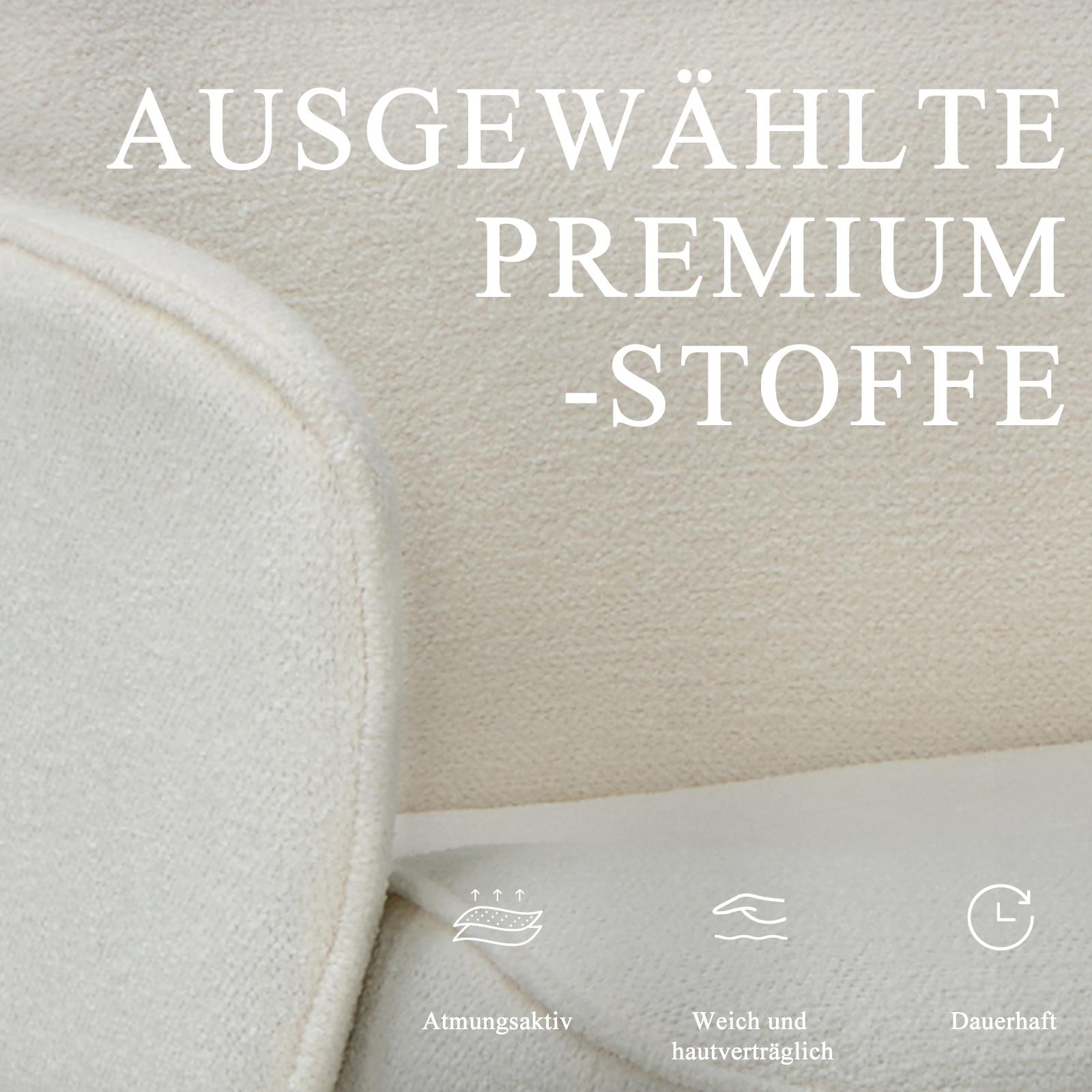 Fondo texturizado blanco con texto: Telas premium seleccionadas.