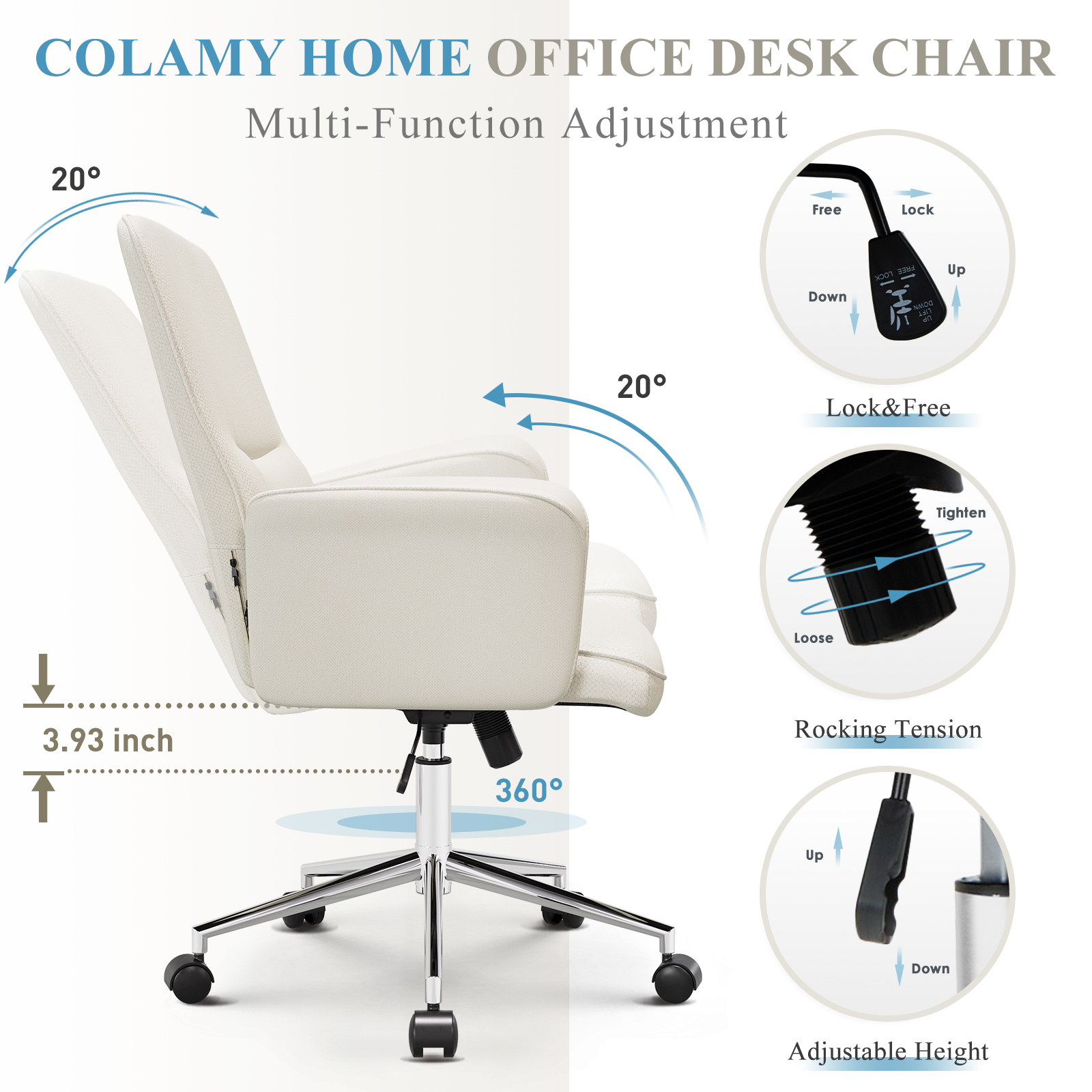 Una silla de oficina blanca con respaldo y reposabrazos ajustables. Los detalles muestran funciones.