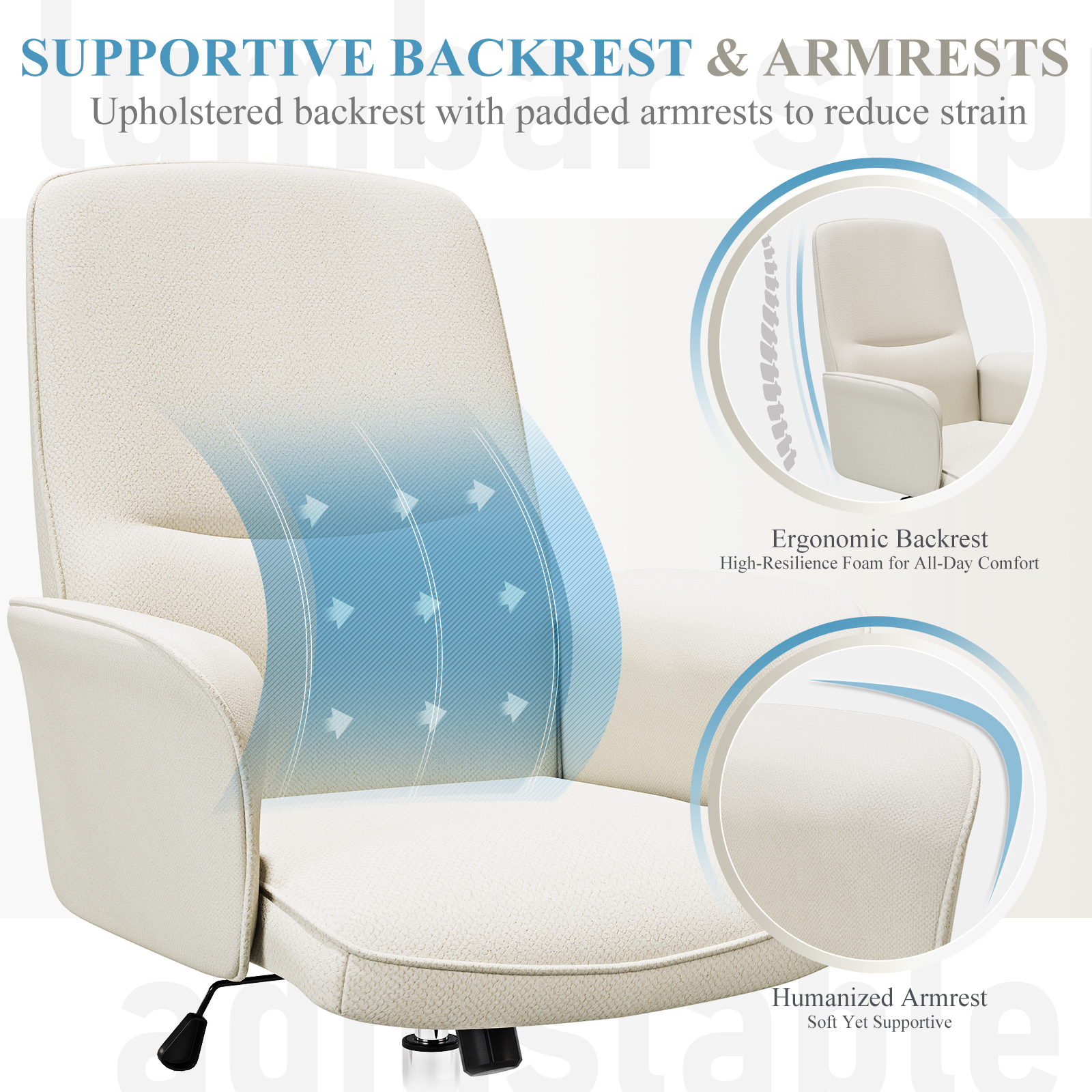 Silla de oficina tapizada color crema con respaldo ergonómico y reposabrazos.