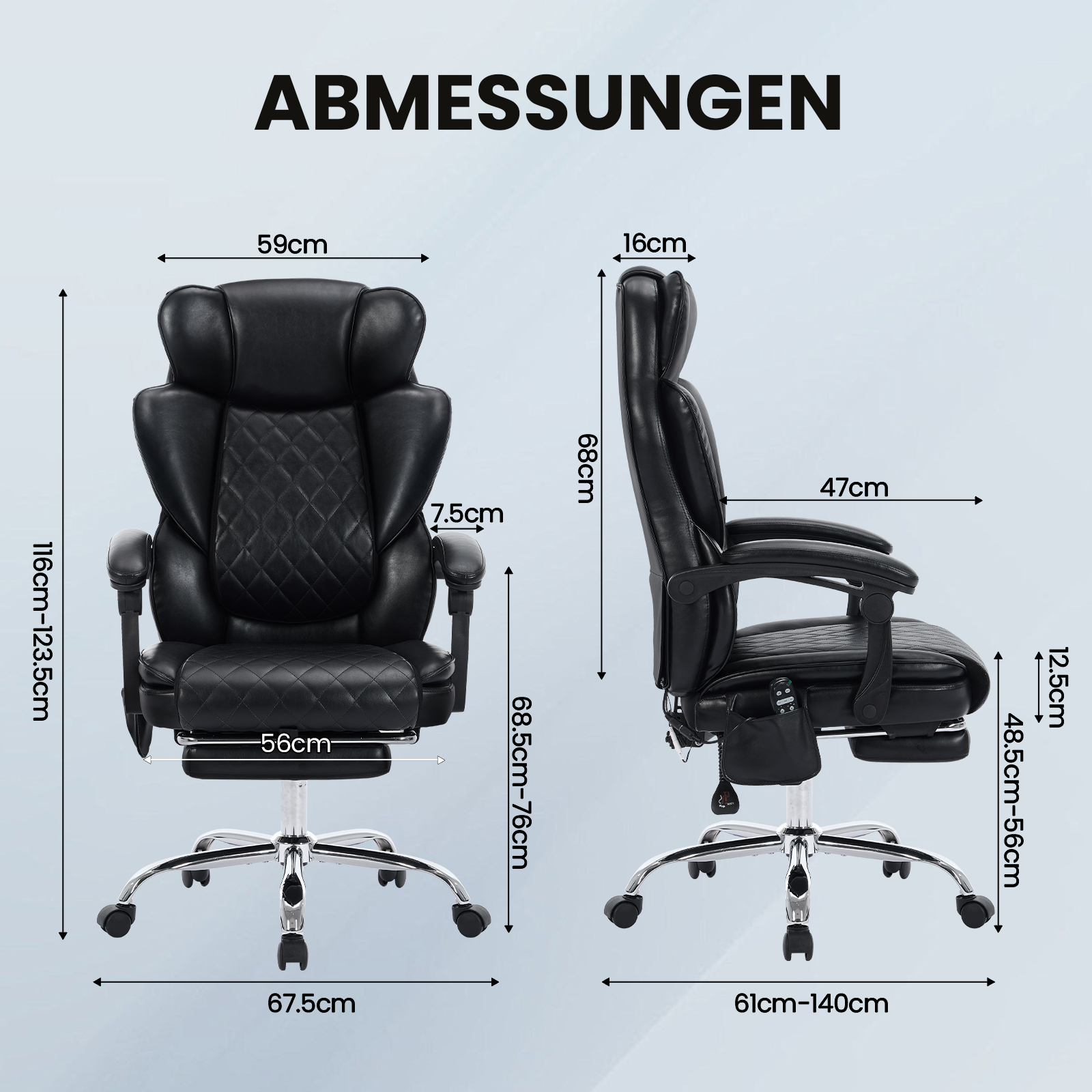 Silla de oficina negra con dimensiones: Ancho 59cm, Alto 116-123.5cm, Prof. asiento 56cm.