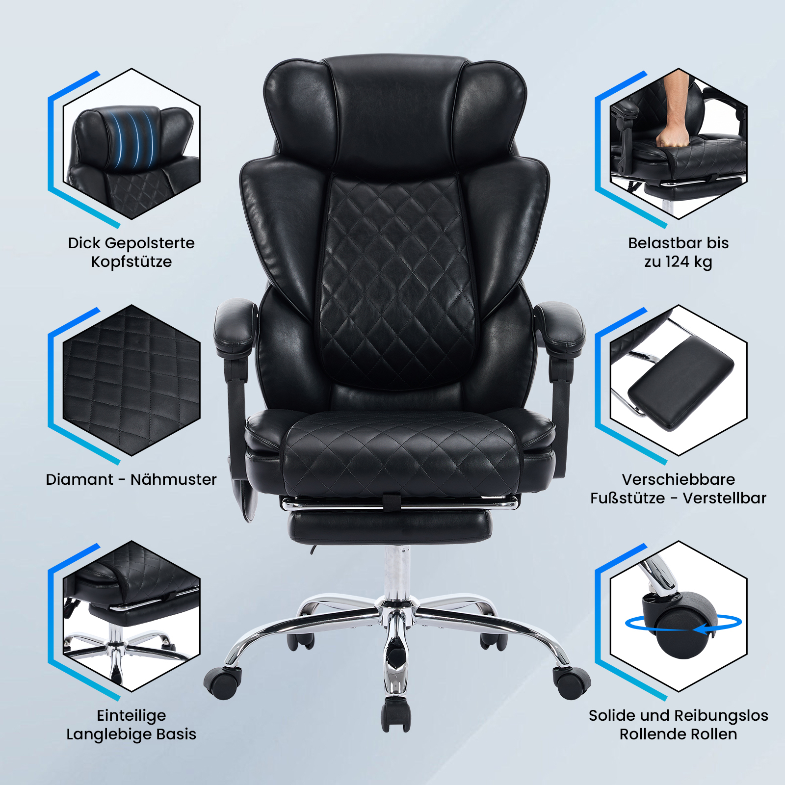 Silla de oficina negra con reposacabezas, patrón de diamante, reposapiés y ruedas.