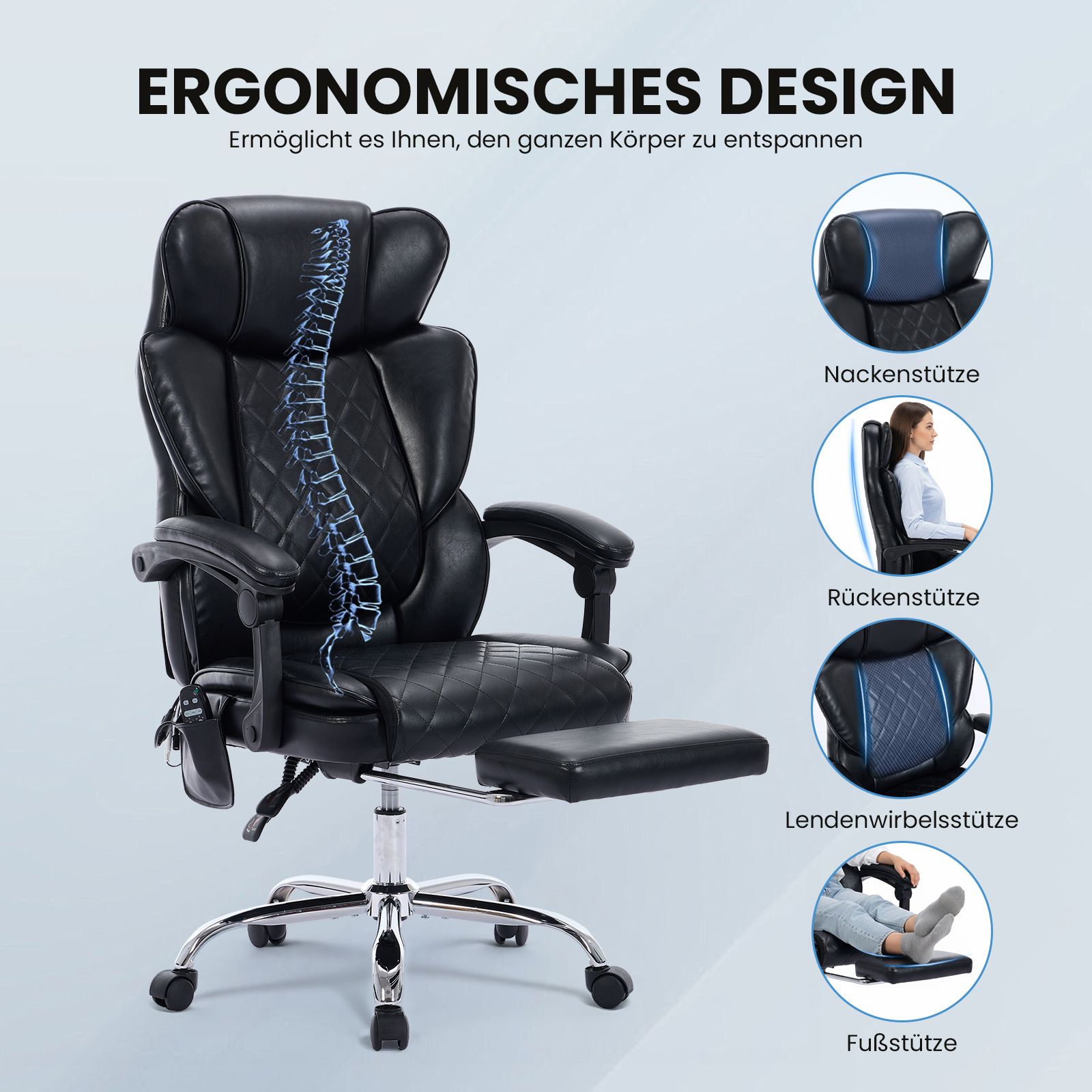 Silla de oficina ergonómica negra con reposapiés extensible e ilustración de columna.