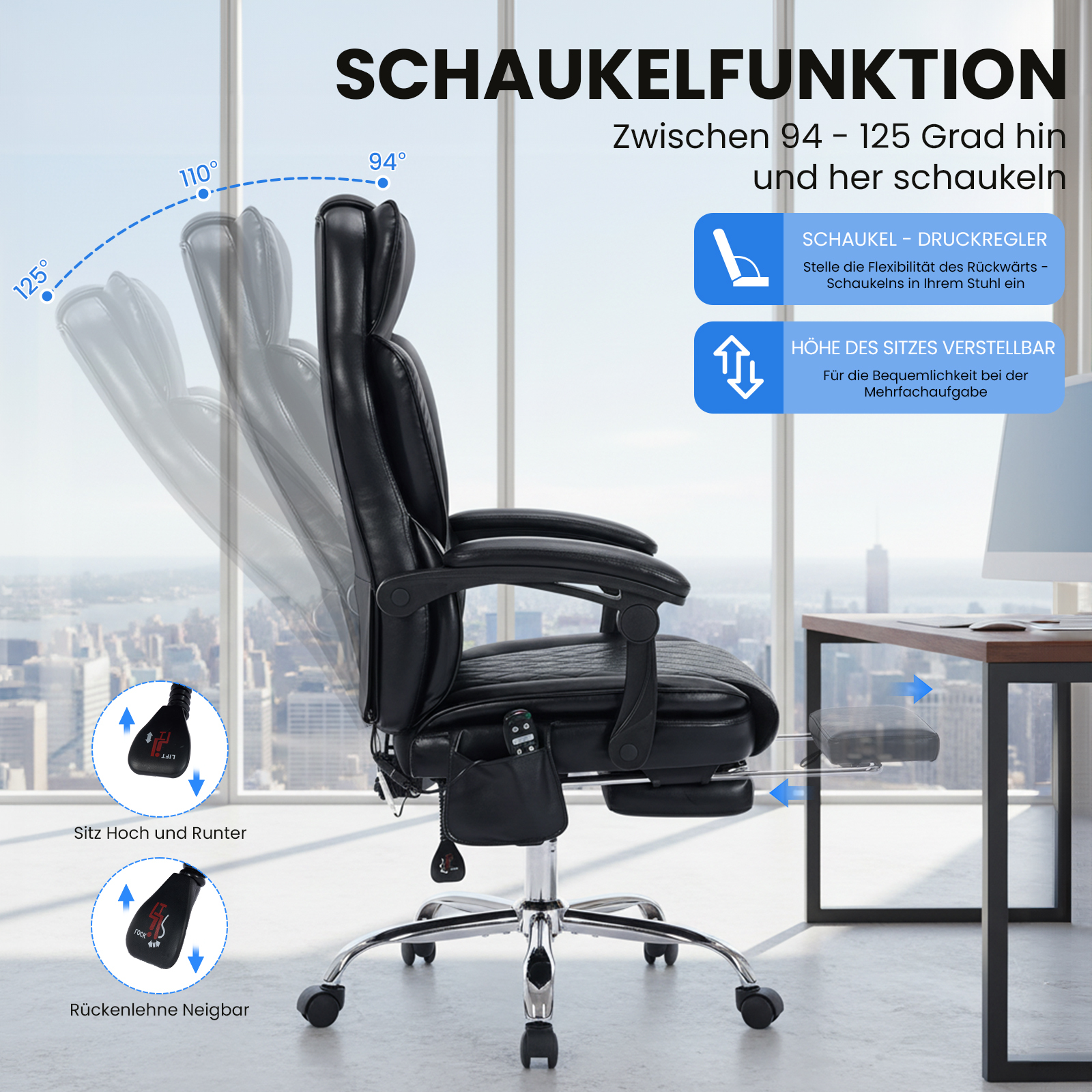 Silla de oficina negra con respaldo reclinable (94-125 grados), altura de asiento ajustable y reposapiés extraíble.