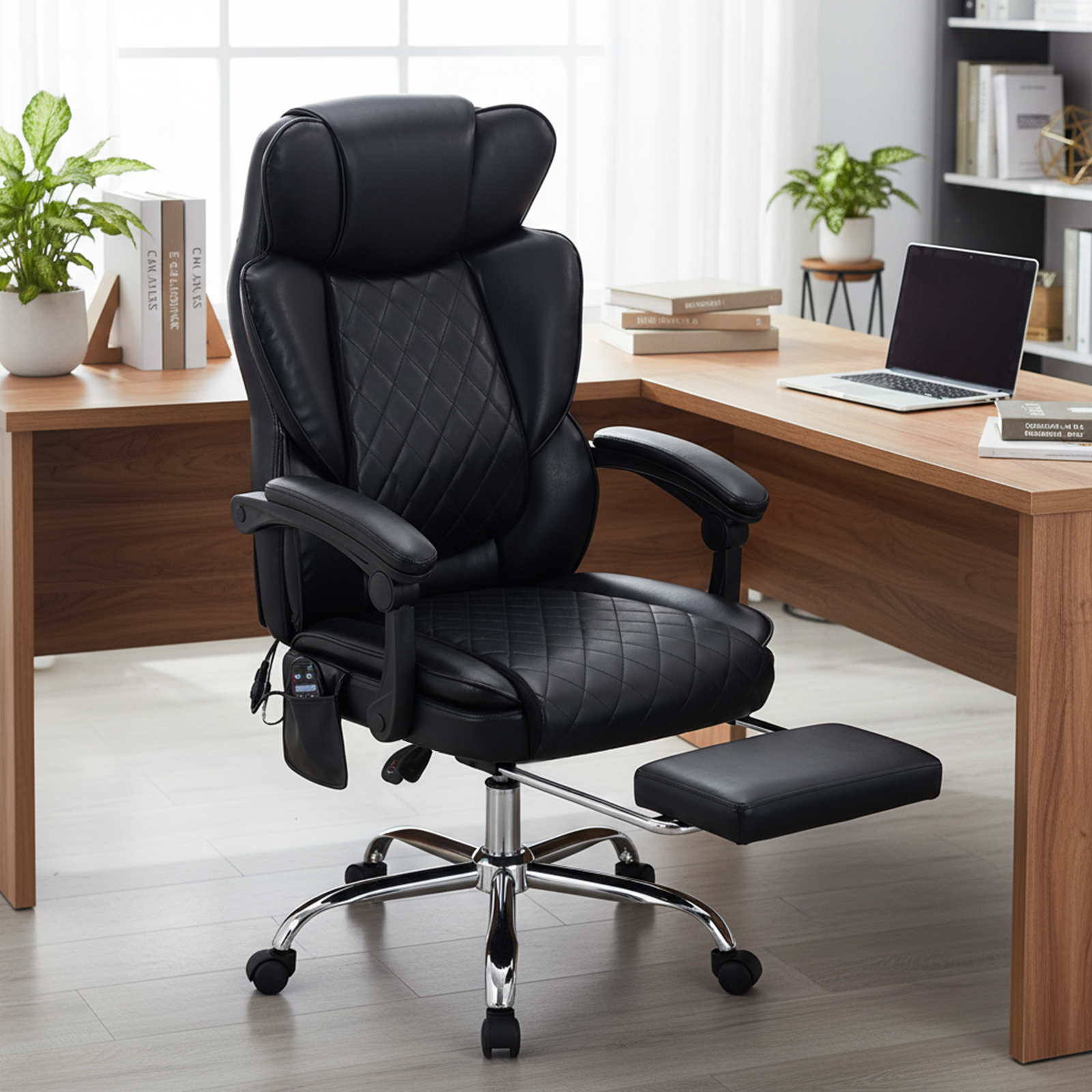 Una silla de oficina negra con reposapiés en suelo de madera.