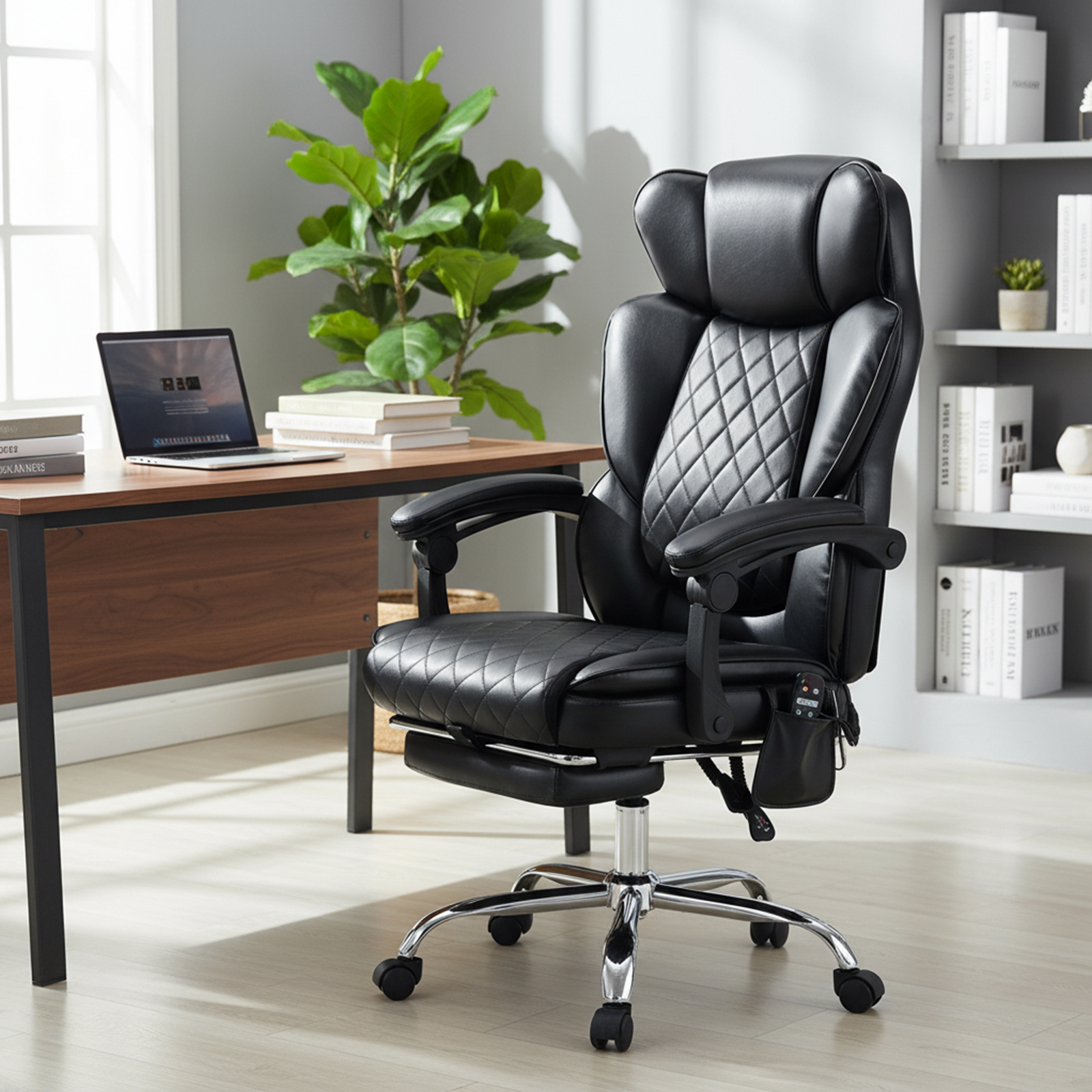 Silla ejecutiva negra con reposapiés y portátil en escritorio.
