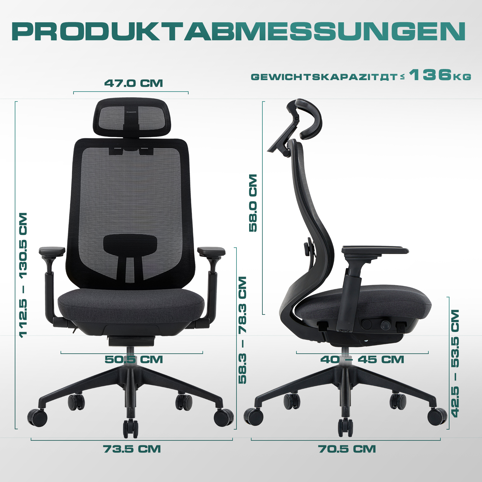 Una silla de oficina negra con dimensiones y capacidad de peso.