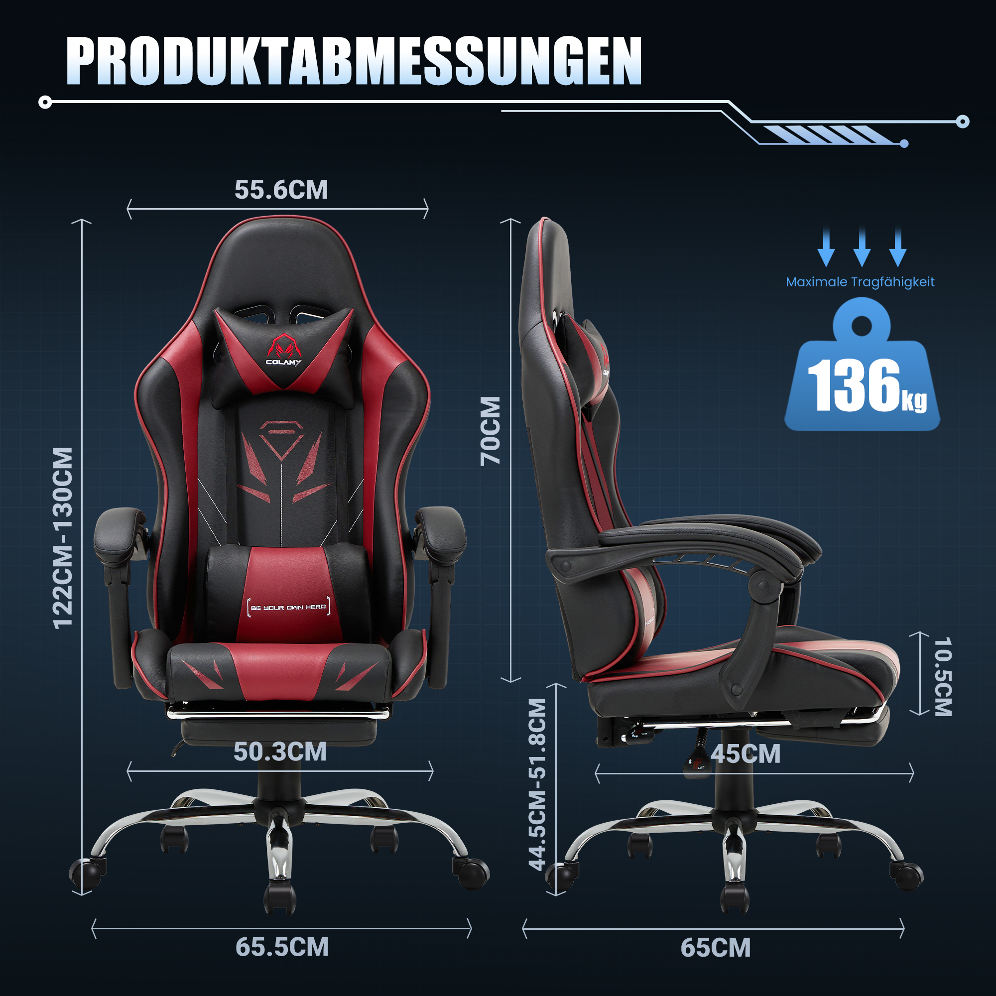 Silla gamer negra y roja con dimensiones y capacidad de carga máxima de 136 kg.