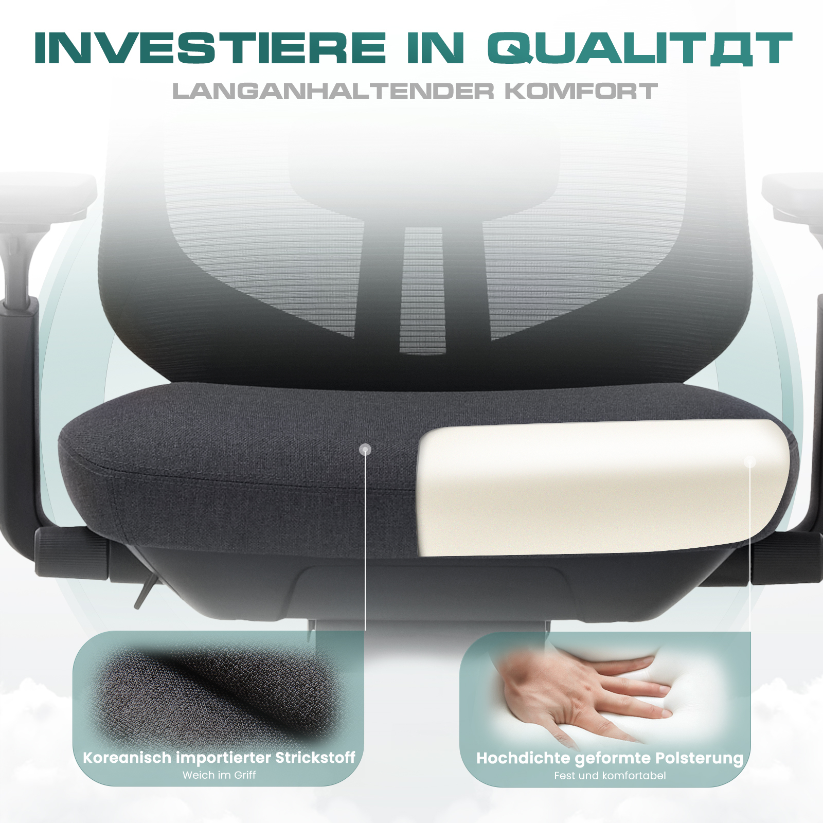 Silla de oficina con vista detallada del cojín del asiento y tela.