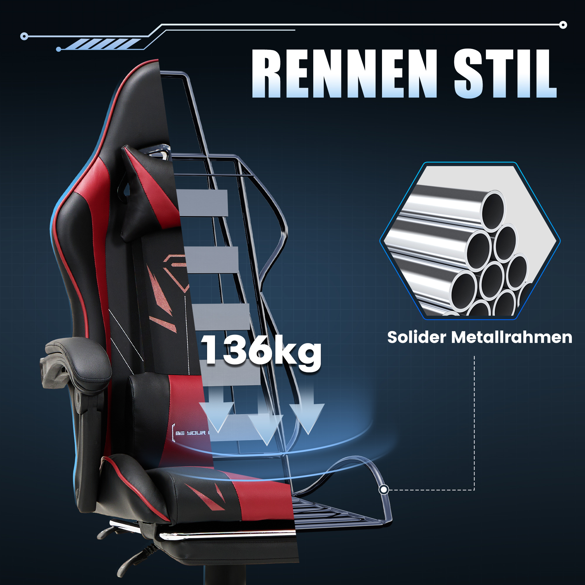 Silla gamer estilo carreras, capacidad 136kg, marco de metal sólido.