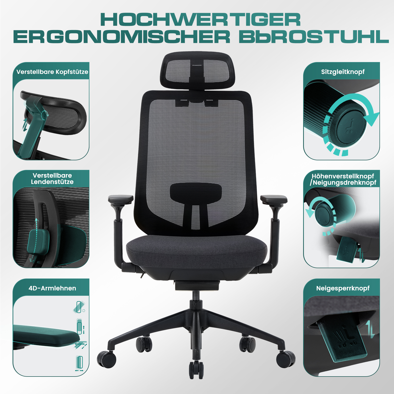 Silla de oficina ergonómica negra con funciones ajustables. Vistas detalladas muestran reposacabezas, soporte lumbar, reposabrazos y controles.