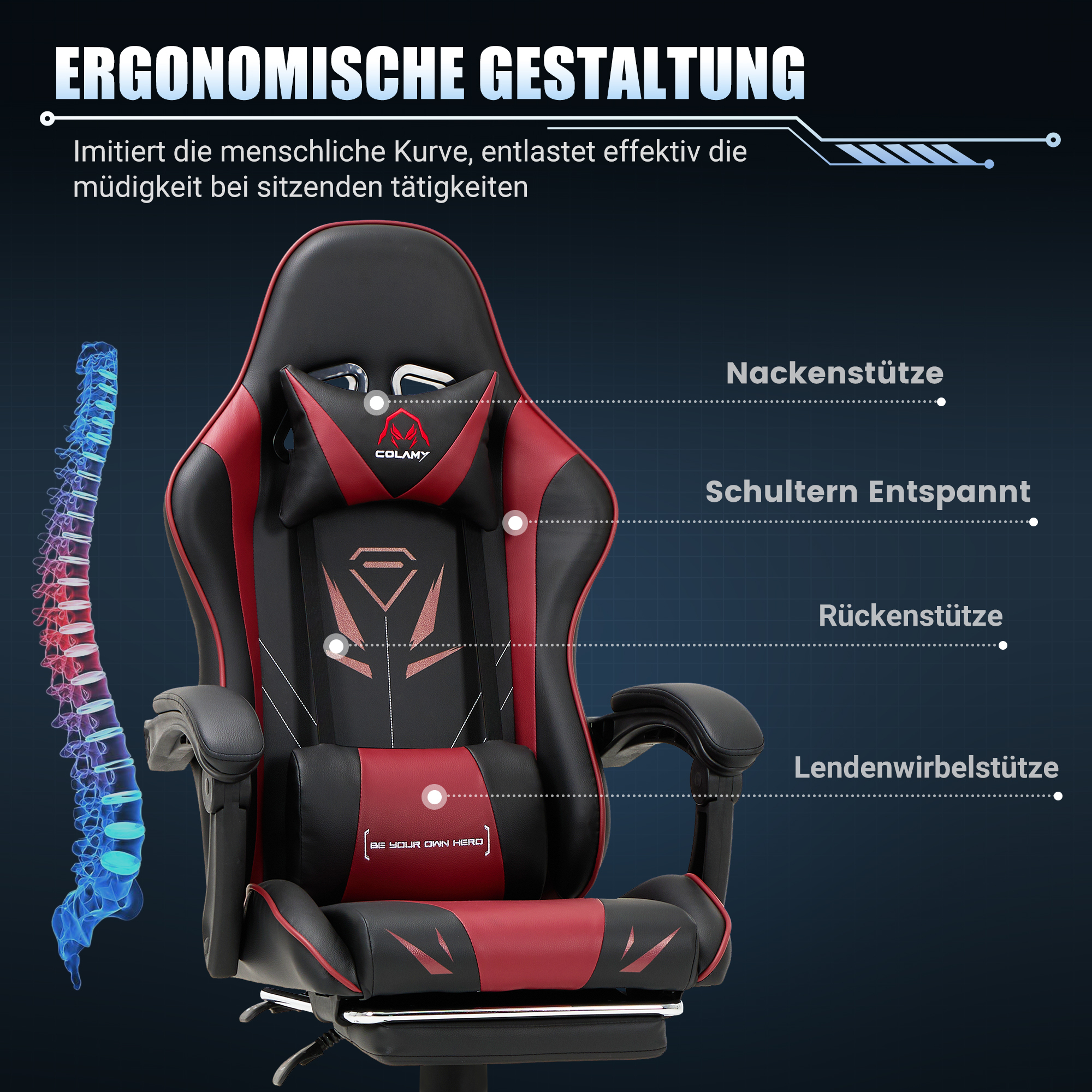 Silla gamer negra y roja con soporte ergonómico para la columna.