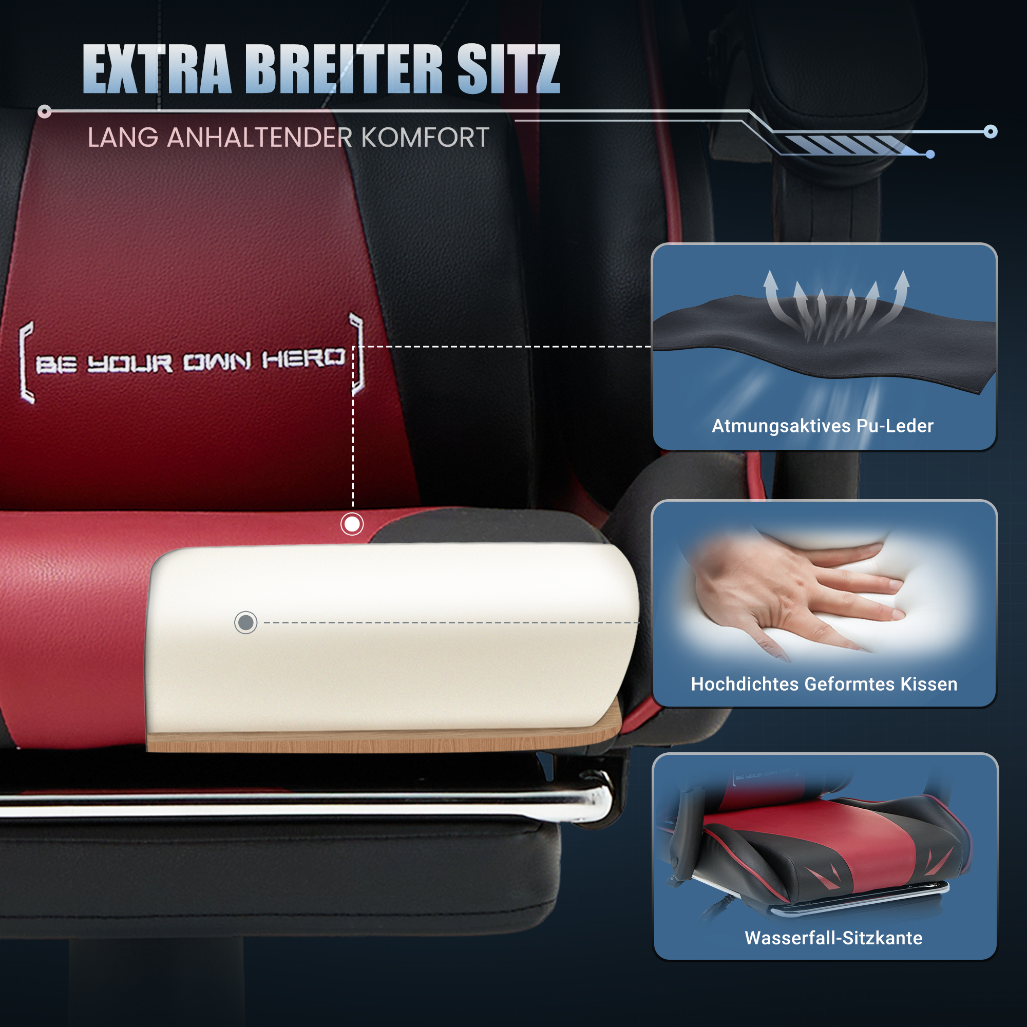 Silla gamer ancha roja y negra con detalles de cuero y características de confort.