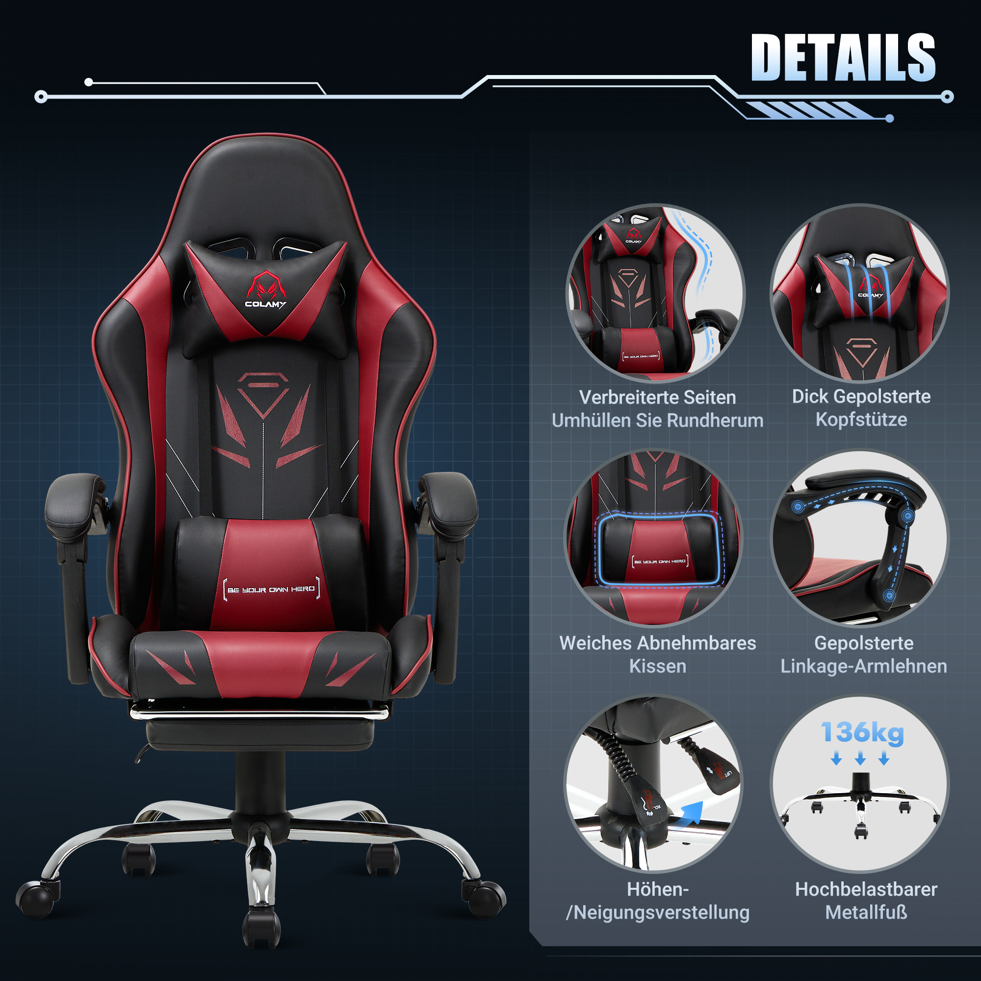 Una silla gamer roja y negra con vistas detalladas de su tapicería y características.