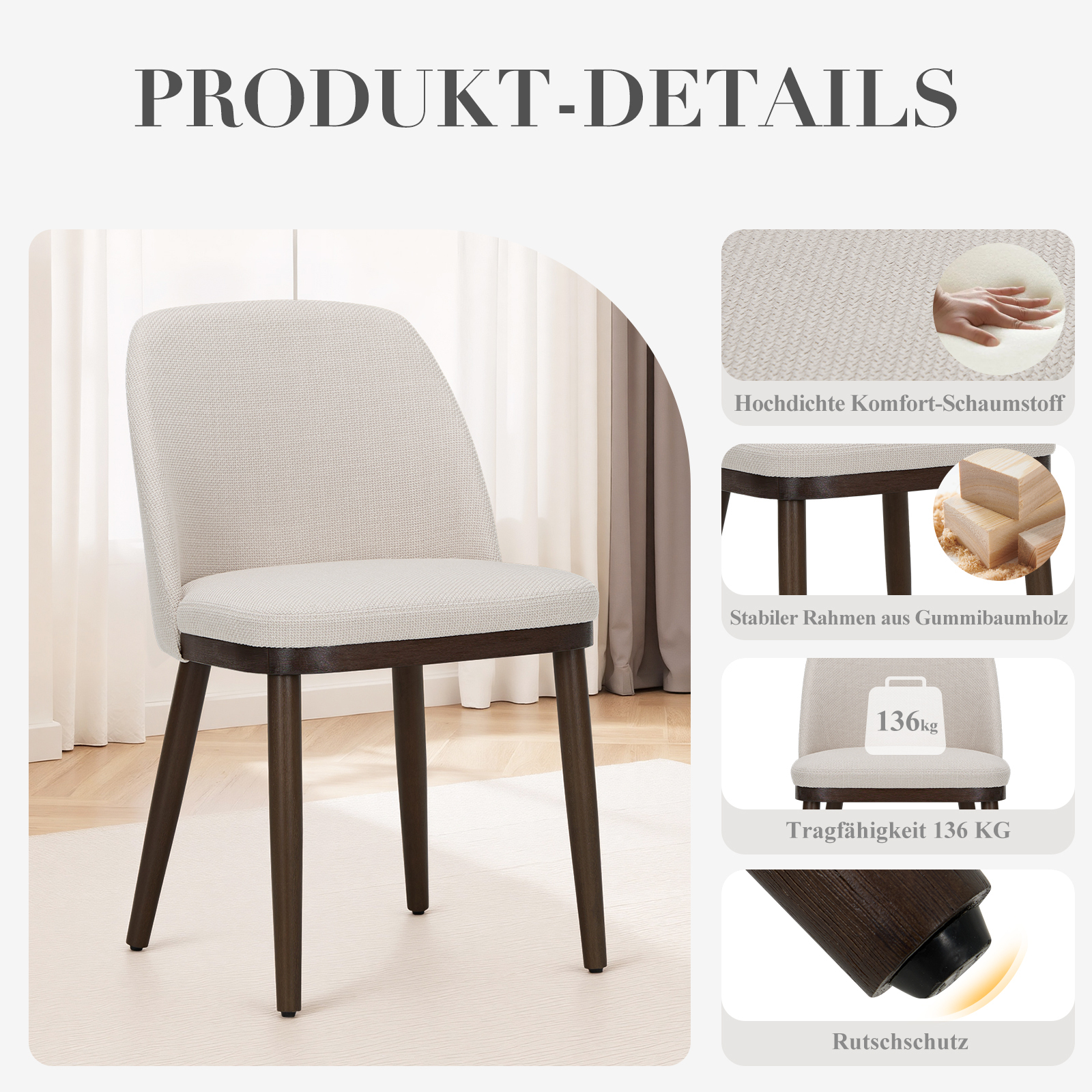 Sedia moderna con tessuto grigio chiaro, gambe in legno scuro e dettagli prodotto.