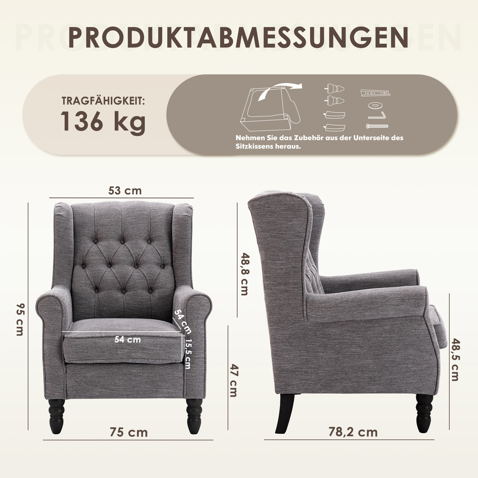 Poltrona grigia con dimensioni: 95x54x75cm. Portata 136kg.