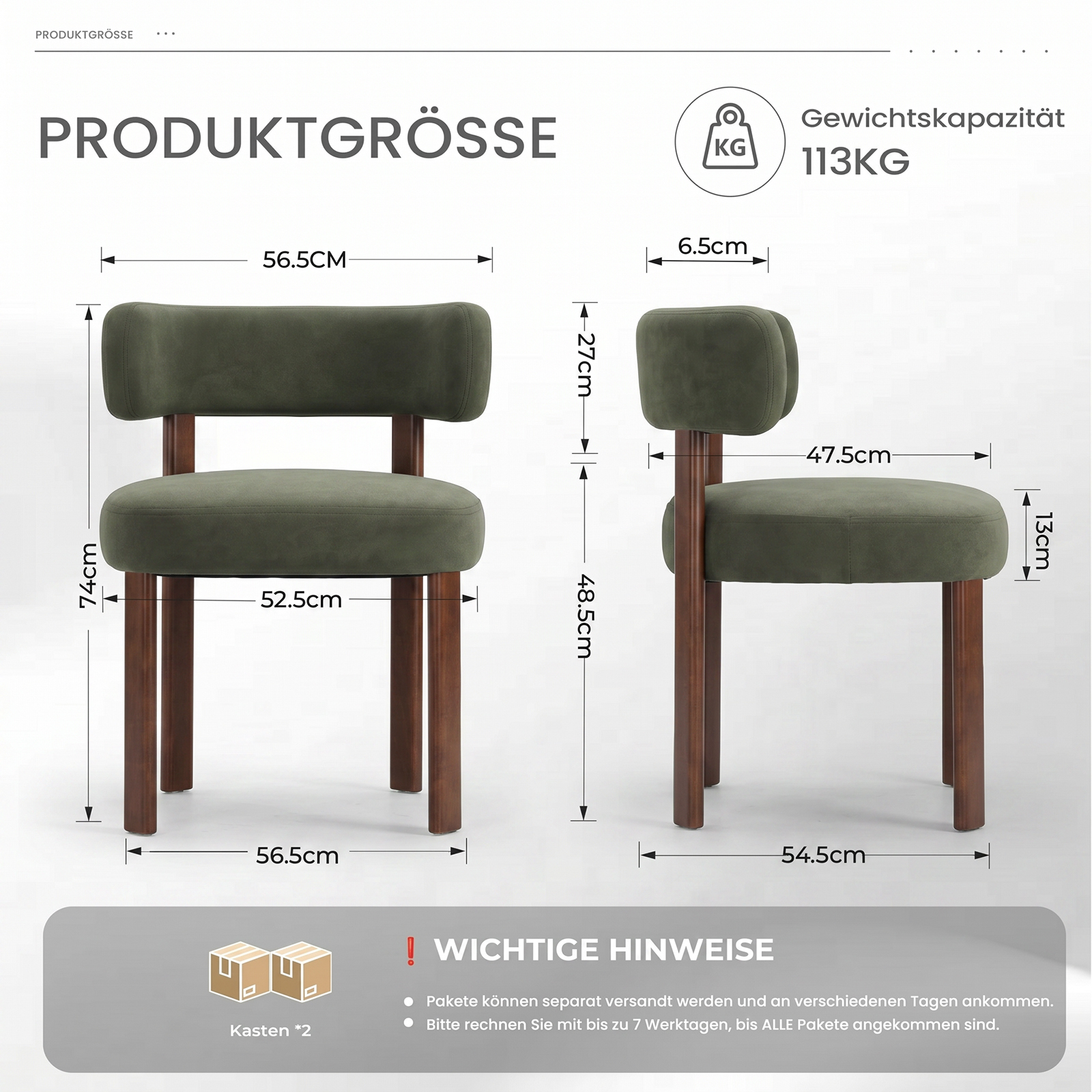 Dimensioni di una sedia verde con gambe in legno. Carico max 113 kg.