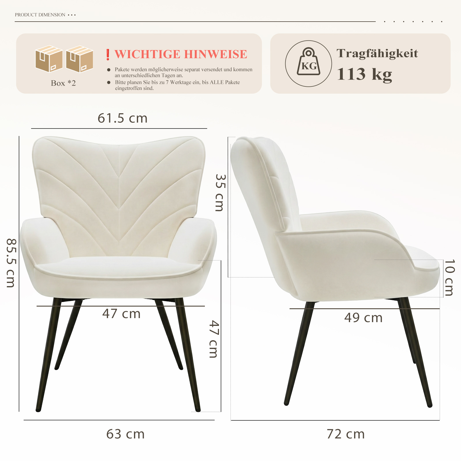 Ein cremefarbener Sessel mit schwarzen Beinen. Maße sind angegeben.