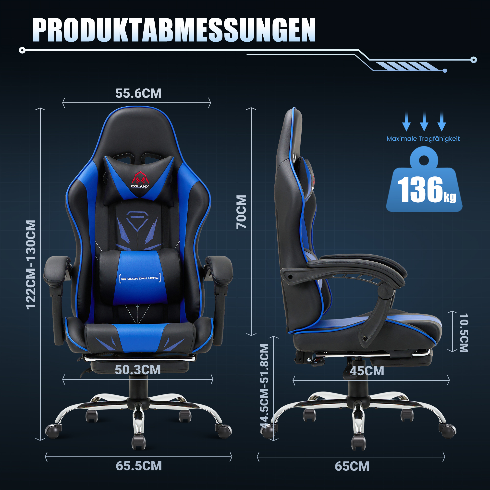 Dimensiones del producto de una silla gamer azul y negra con medidas.