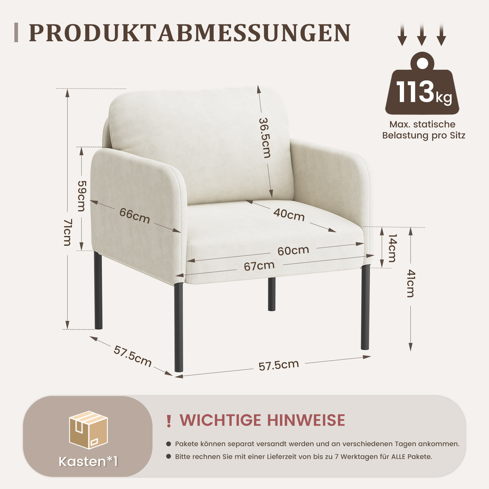 Poltrona beige con dimensioni: 71cm A, 59cm altezza bracciolo, 66cm larghezza bracciolo, 36.5cm schienale