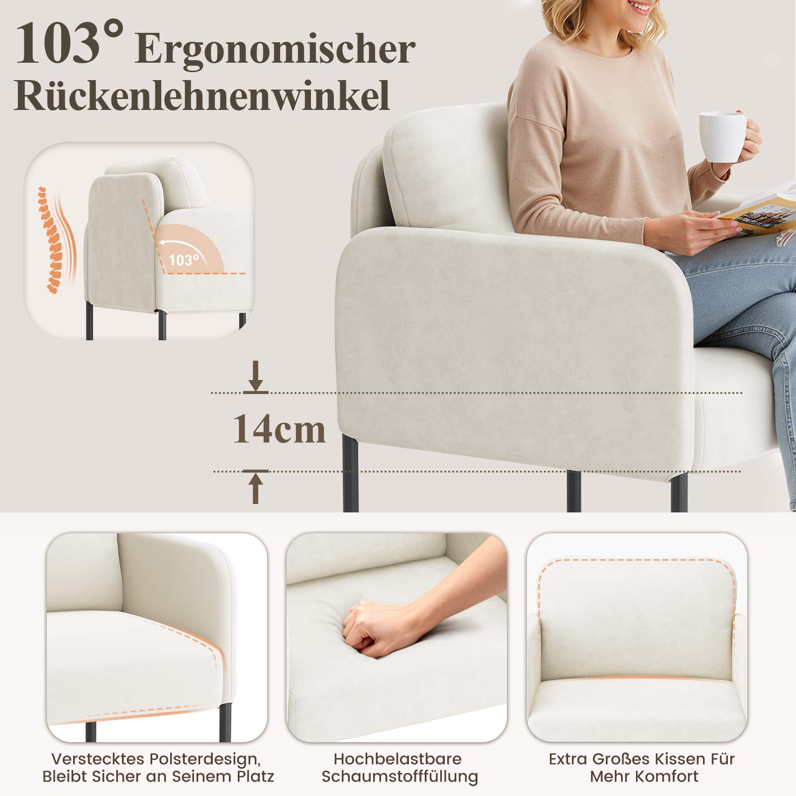 Una poltrona beige con una persona seduta a leggere. Dettagli: angolo schienale 103° e altezza da terra 14cm.