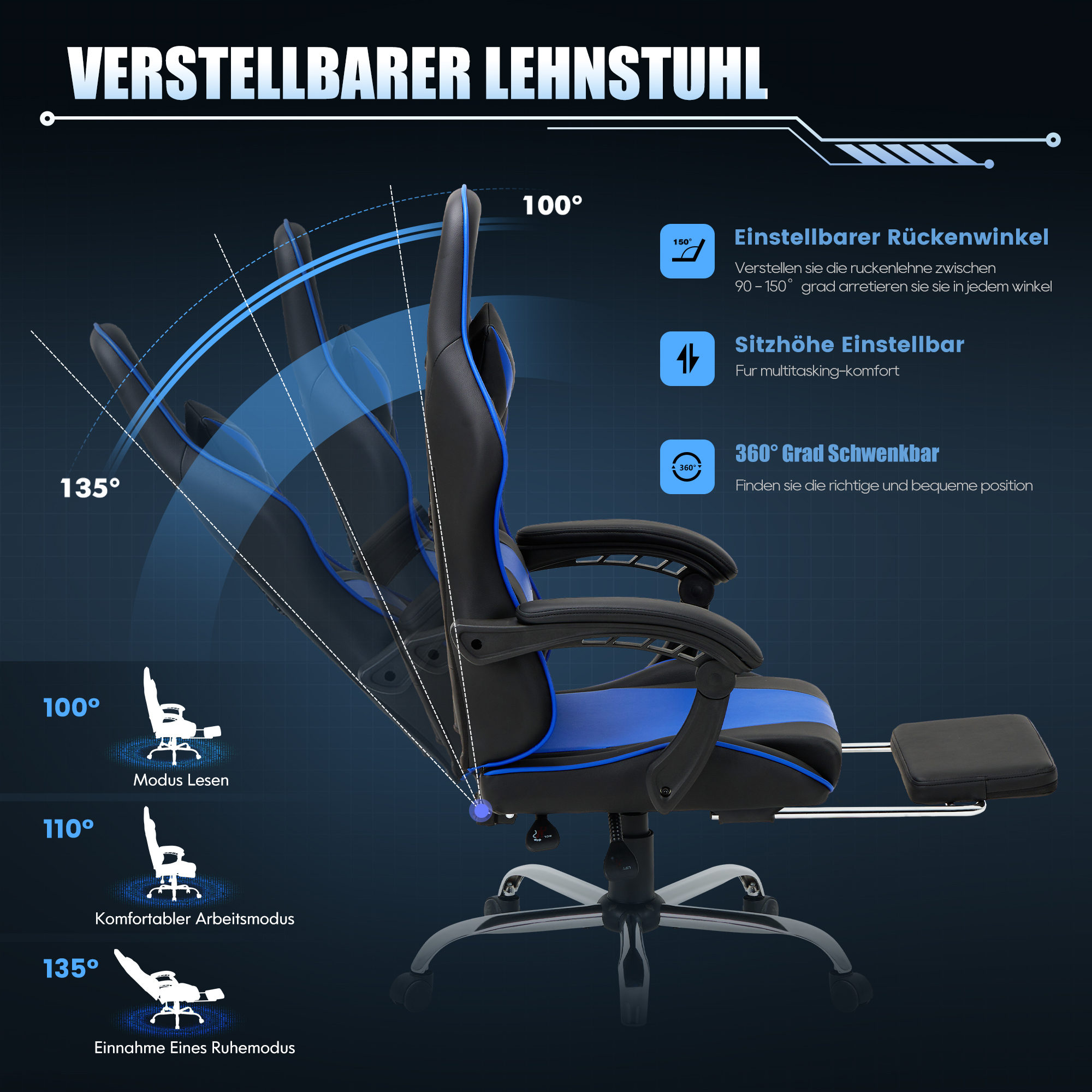 Silla de oficina negra y azul ajustable con respaldo reclinable y reposapiés.