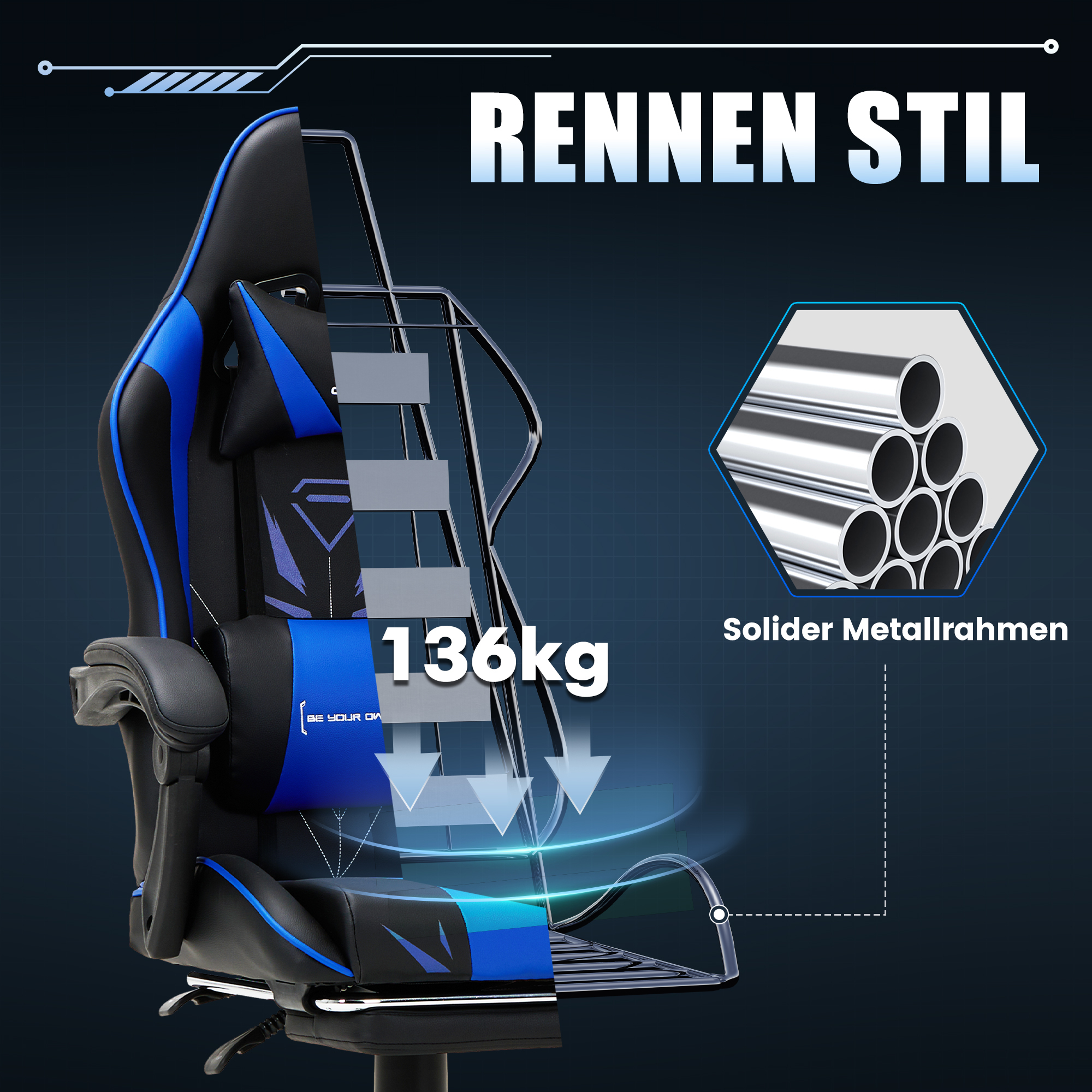 Silla gamer negra y azul con marco de metal, capacidad de 136 kg indicada.