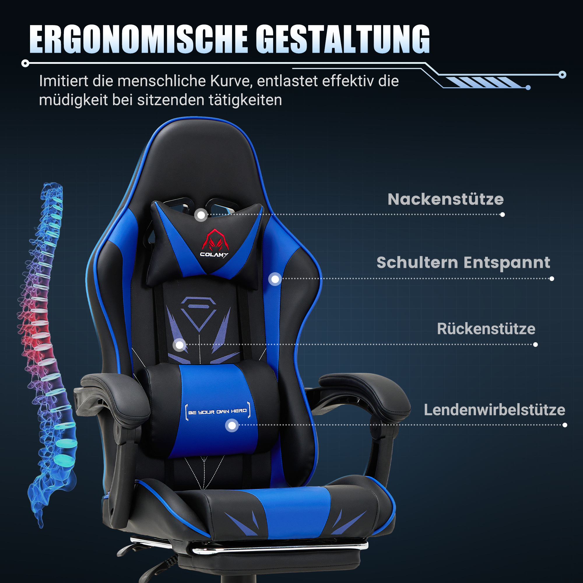 Una silla ergonómica azul y negra con soporte para cuello, hombros, espalda y lumbares.
