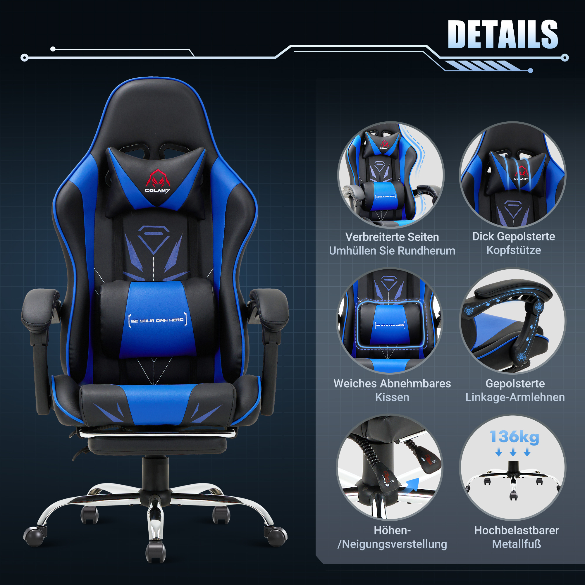 Una silla gamer azul y negra con detalles en cojines y reposabrazos.