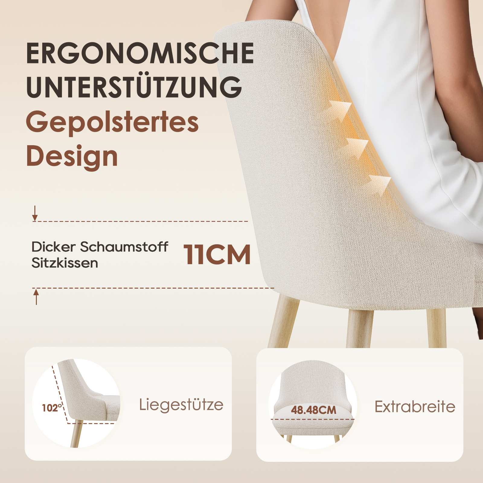 Ergonomischer Stuhl mit gepolstertem Design, 11cm Sitzkissen, 102° Rückenlehne, 48.48cm Breite.