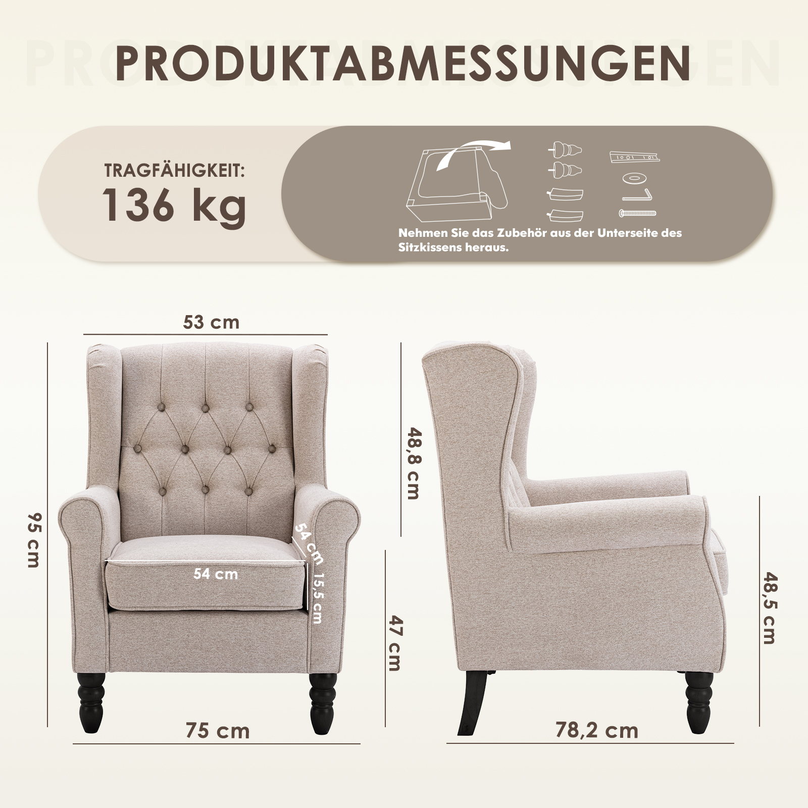 Una poltrona beige con dimensioni e capacità di 136 kg.