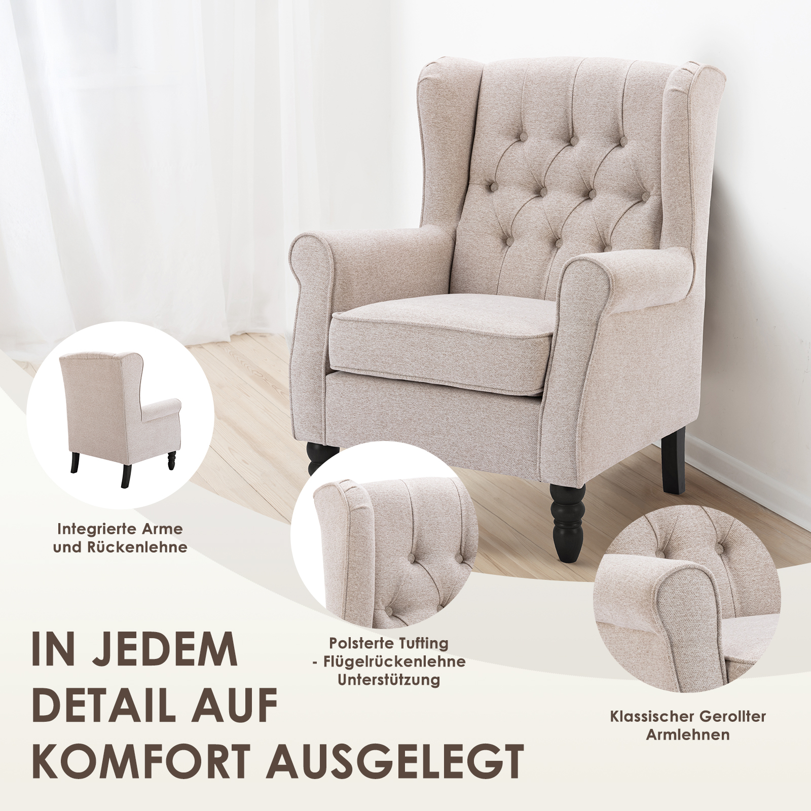 Una poltrona beige con bottoni trapuntati, braccioli integrati e gambe in legno.