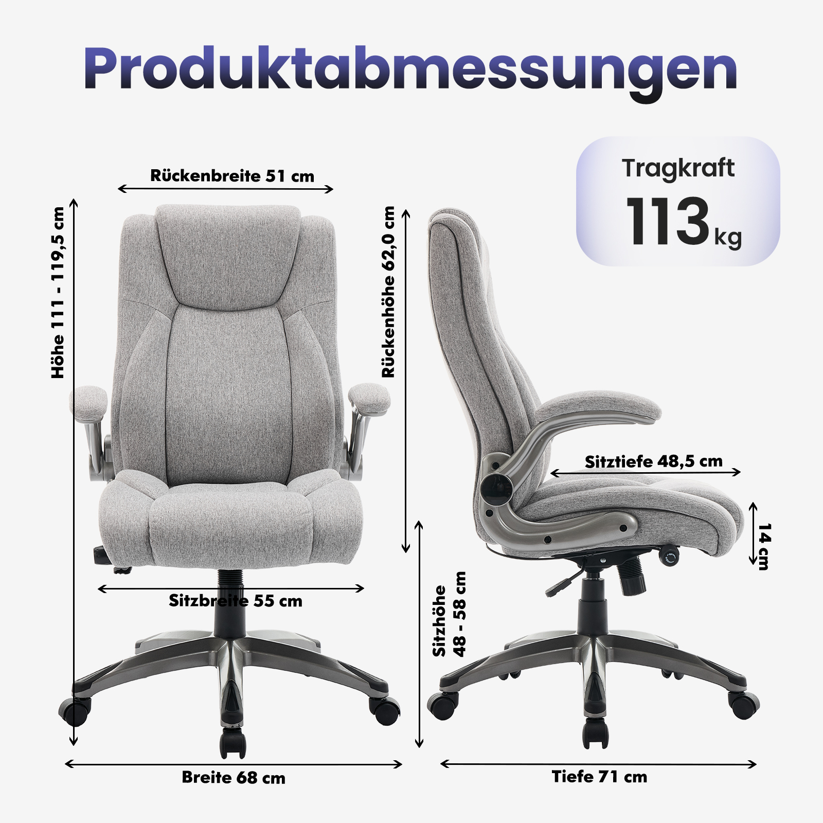 Silla de oficina gris con dimensiones: H 111-119.5cm, An 68cm, Pr 71cm. Capacidad 113kg.
