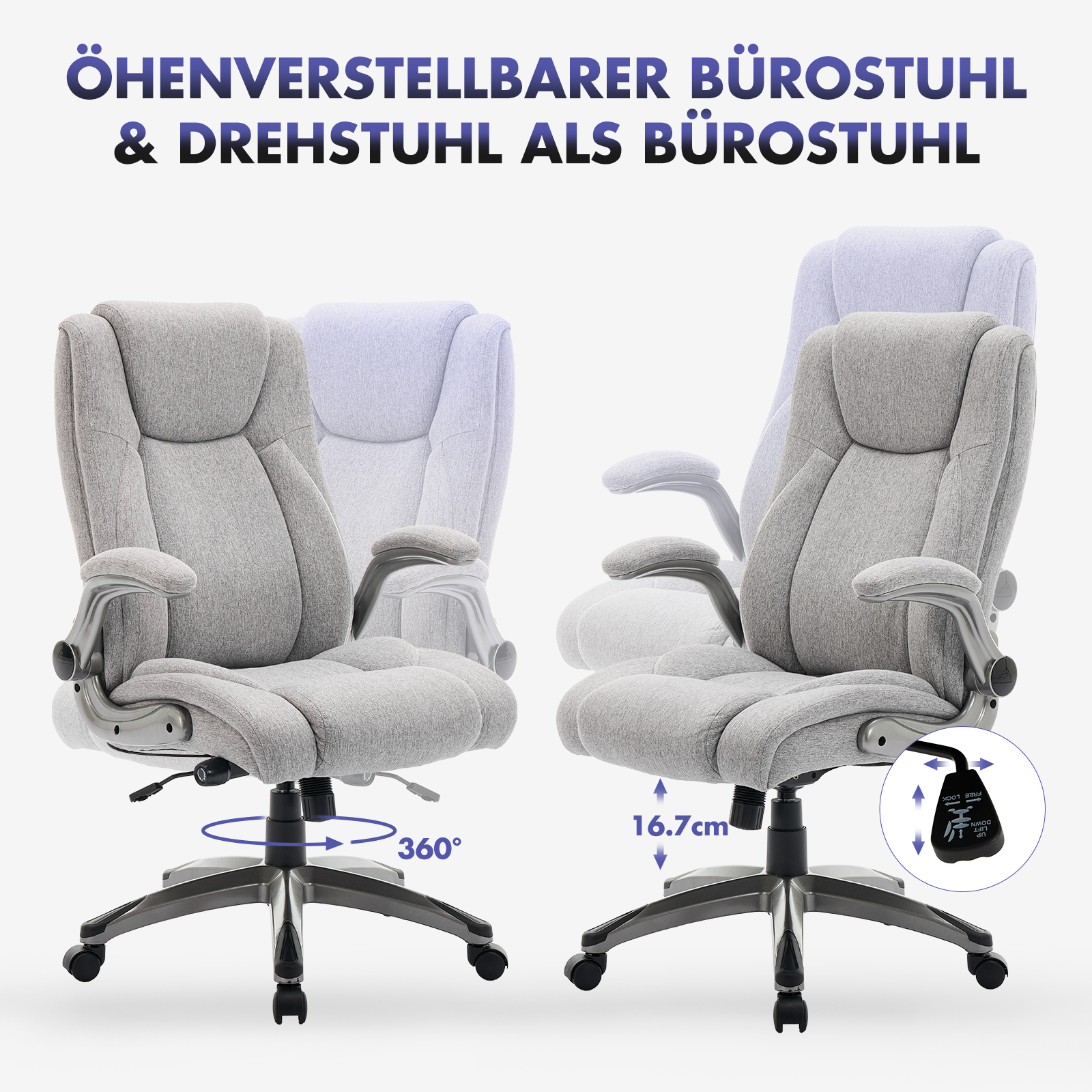 Silla de oficina gris con reposabrazos ajustables y ajuste de altura.