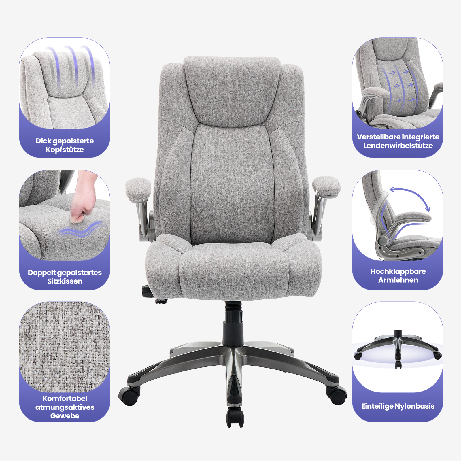 Silla de oficina gris con reposacabezas, soporte lumbar y reposabrazos.