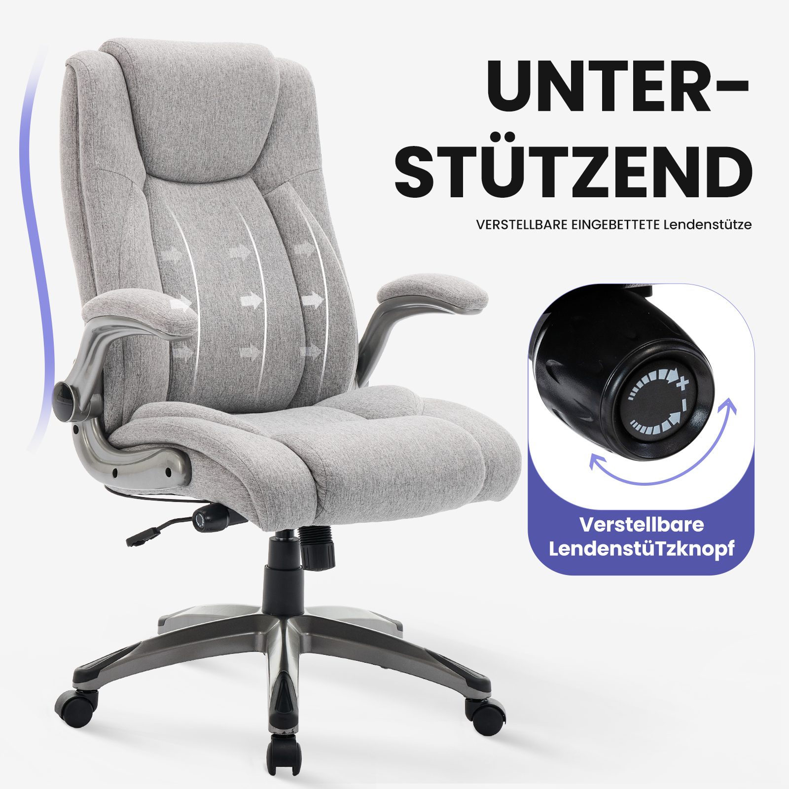Silla de oficina gris con soporte lumbar ajustable y flechas indicando soporte.