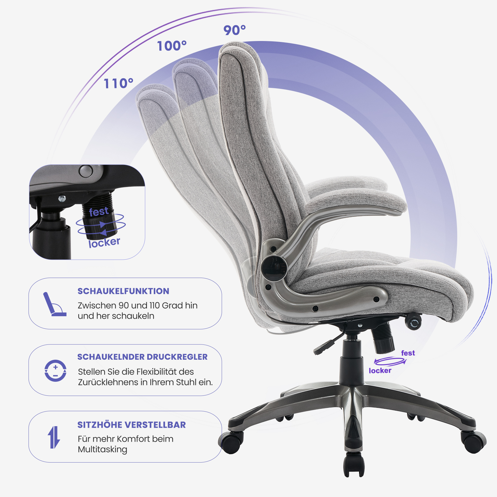 Silla de oficina gris con respaldo ajustable y función reclinable.